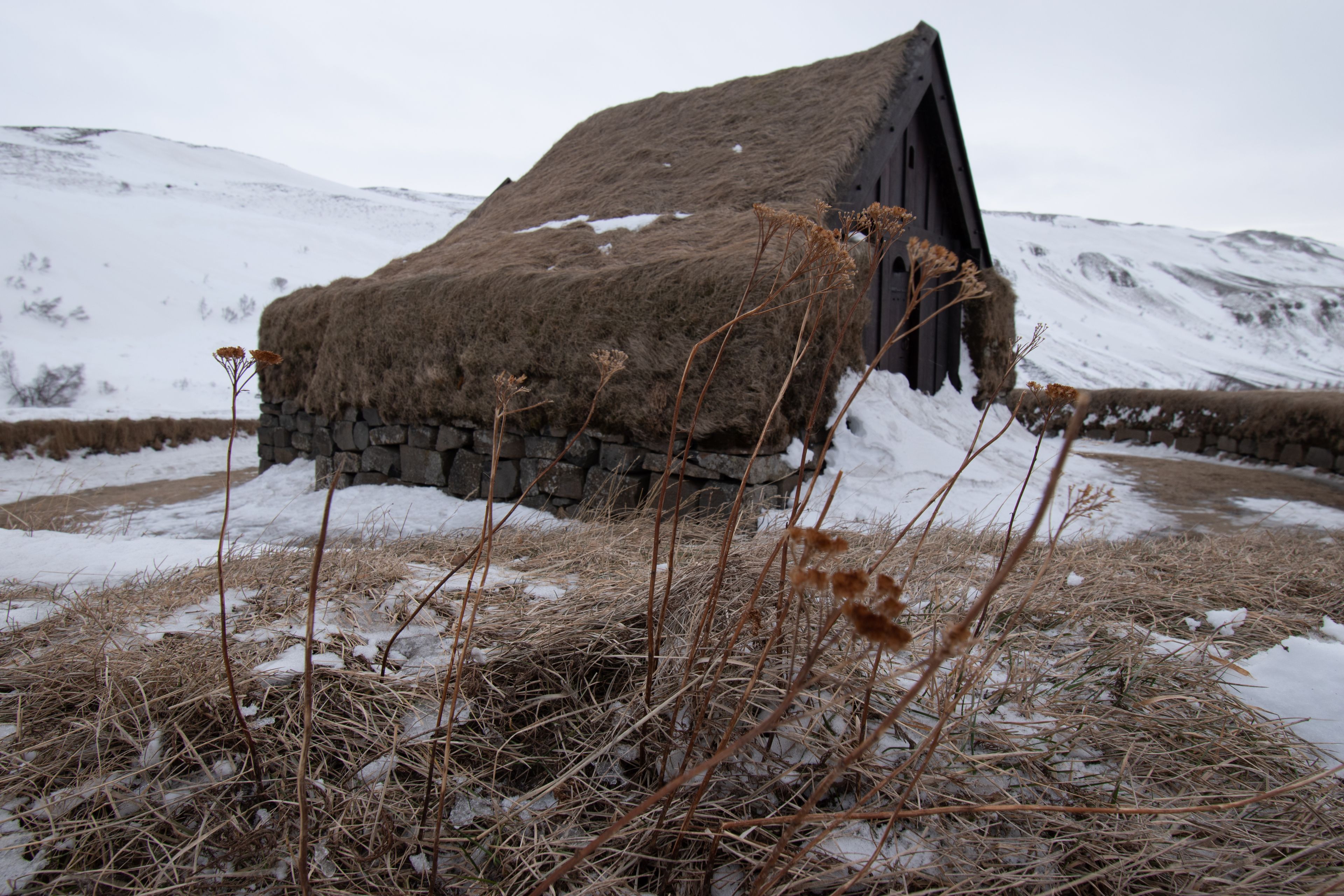 Þjóðveldisbær Viking Farm in winter