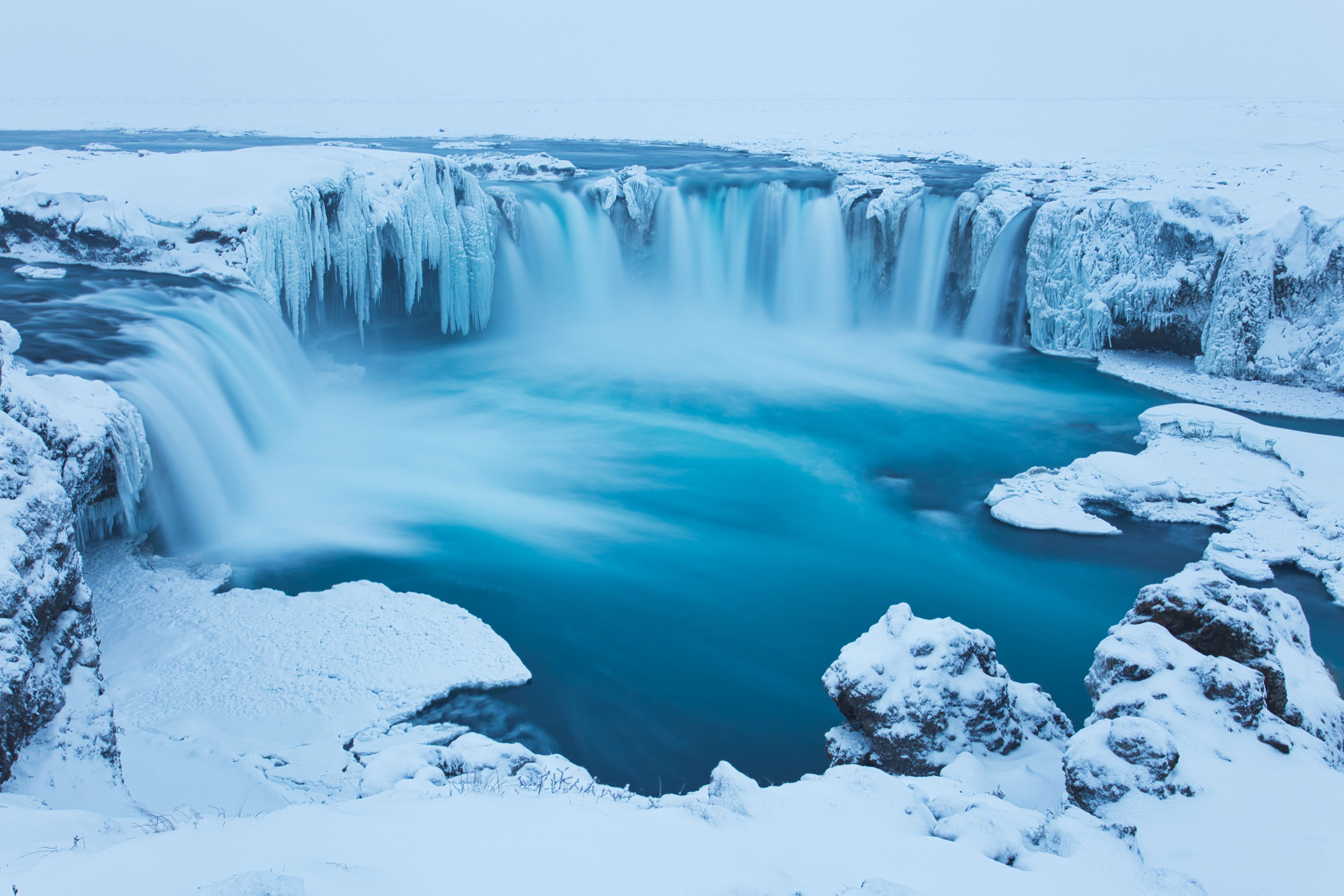 Godafoss Waterfall in Winter Covered in Snow