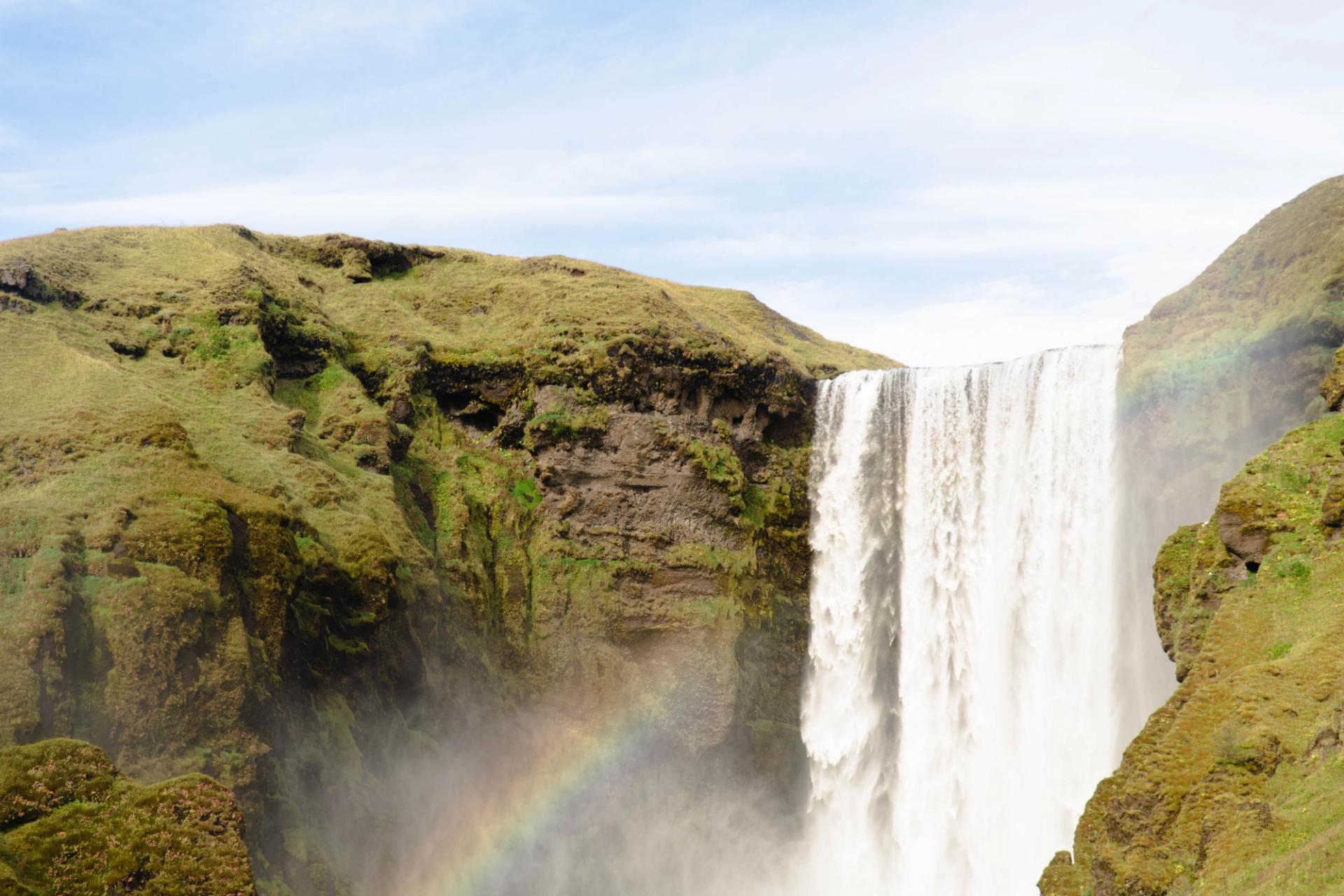 beautiful waterfall with a rainbow and green grass in iceland in summer