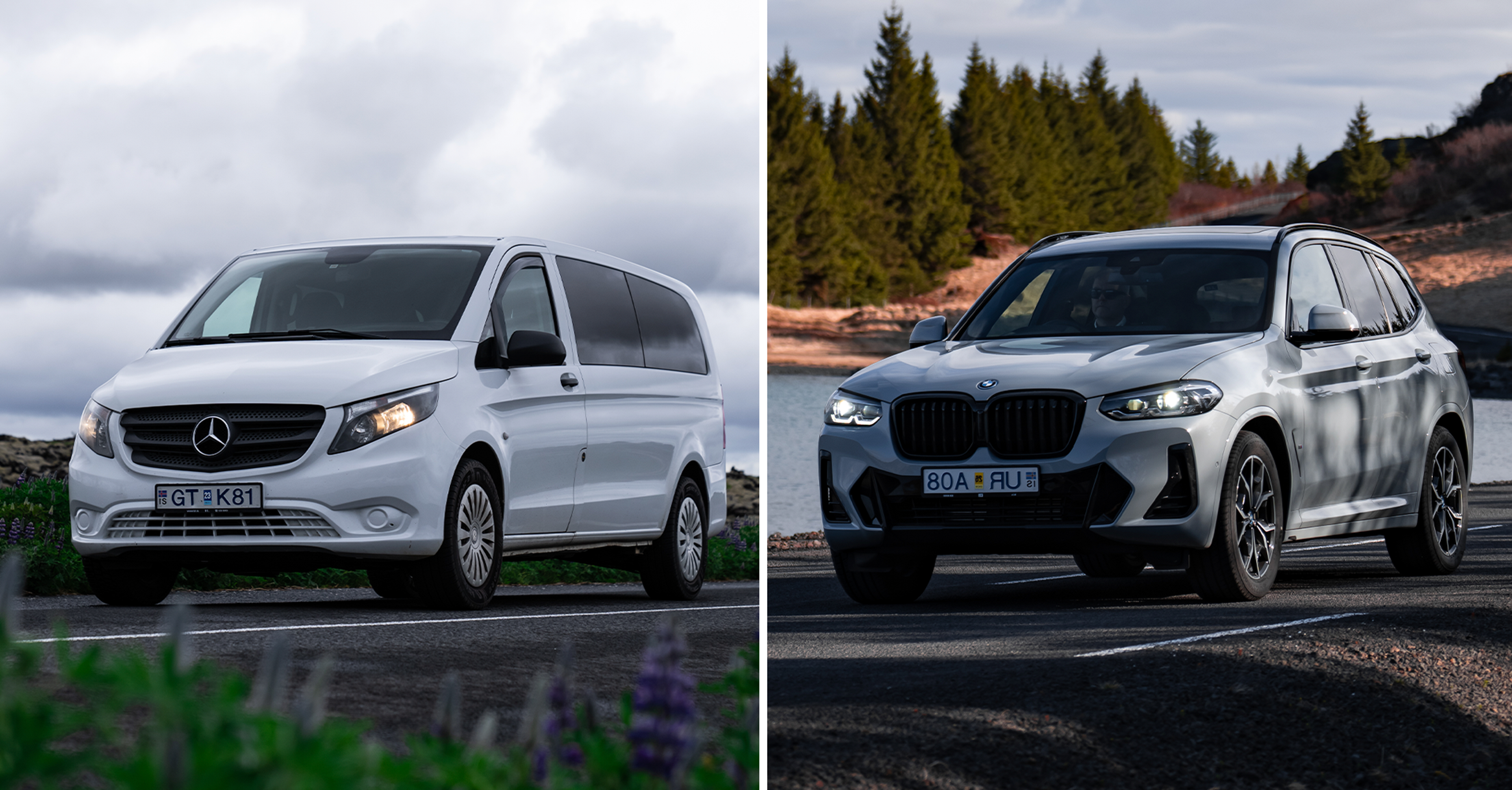 A minivan rental car on the left and a SUV rental car on the right in Iceland.