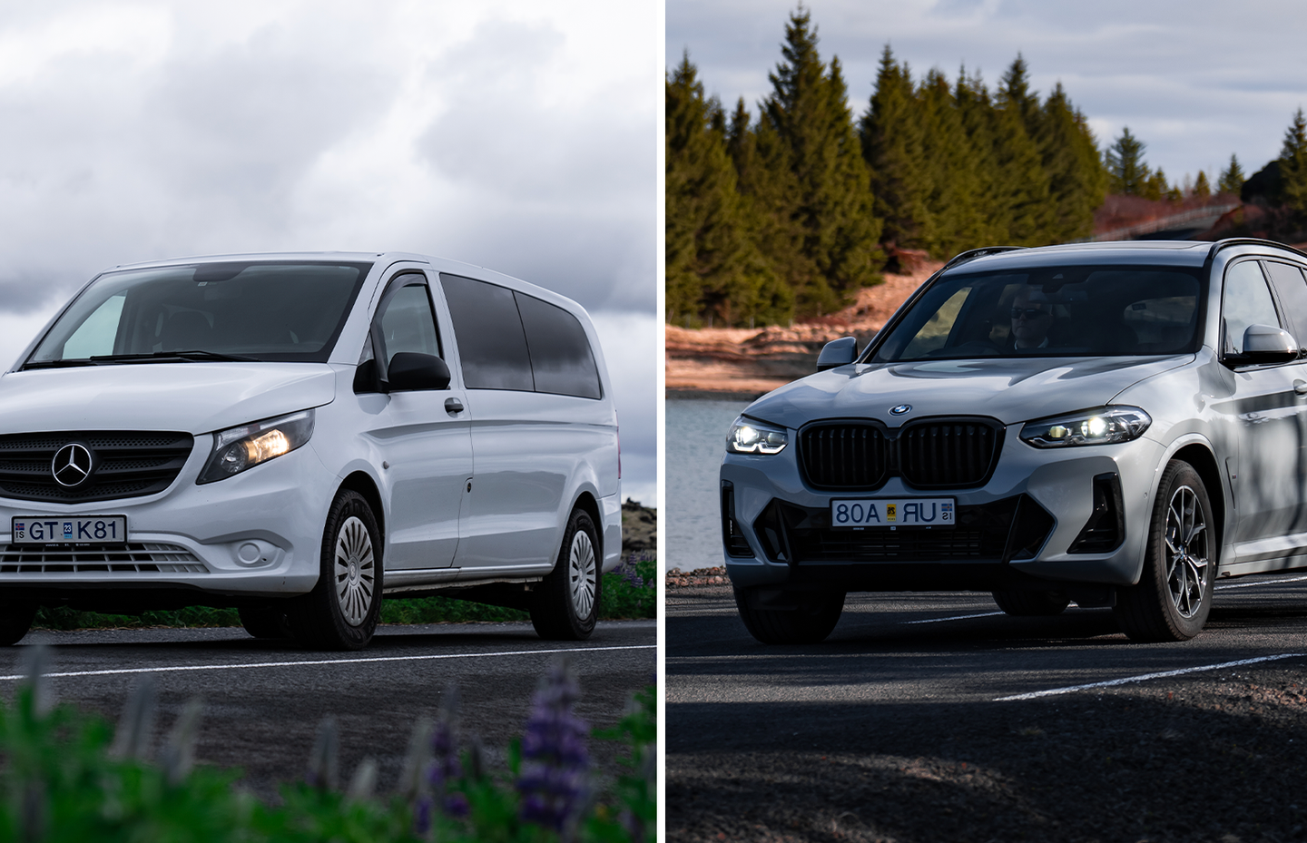 A minivan rental car on the left and a SUV rental car on the right in Iceland.