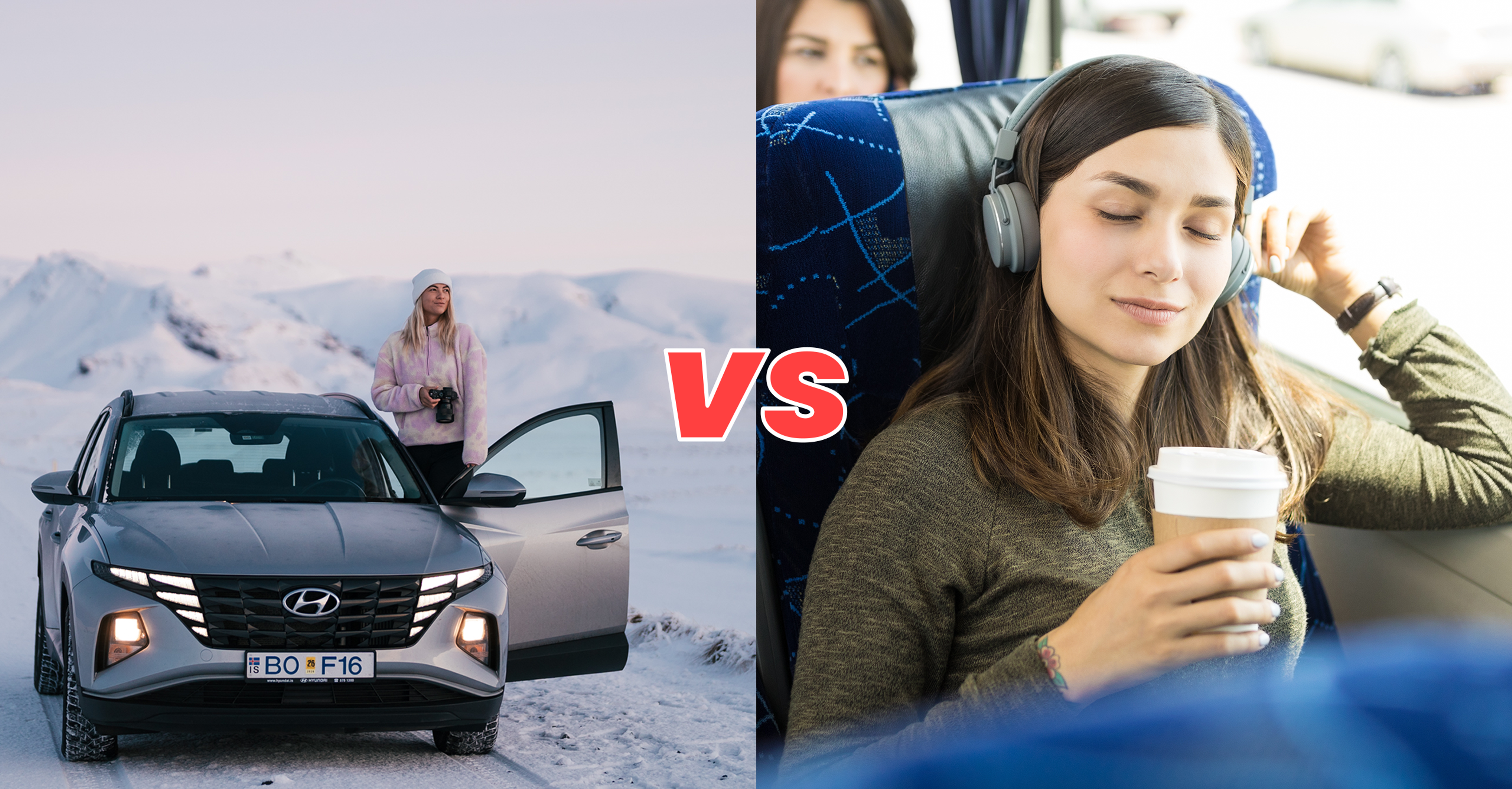 A woman enjoying icelandic nature in her rental car vs a woman in a Public Transportation drinking a coffee