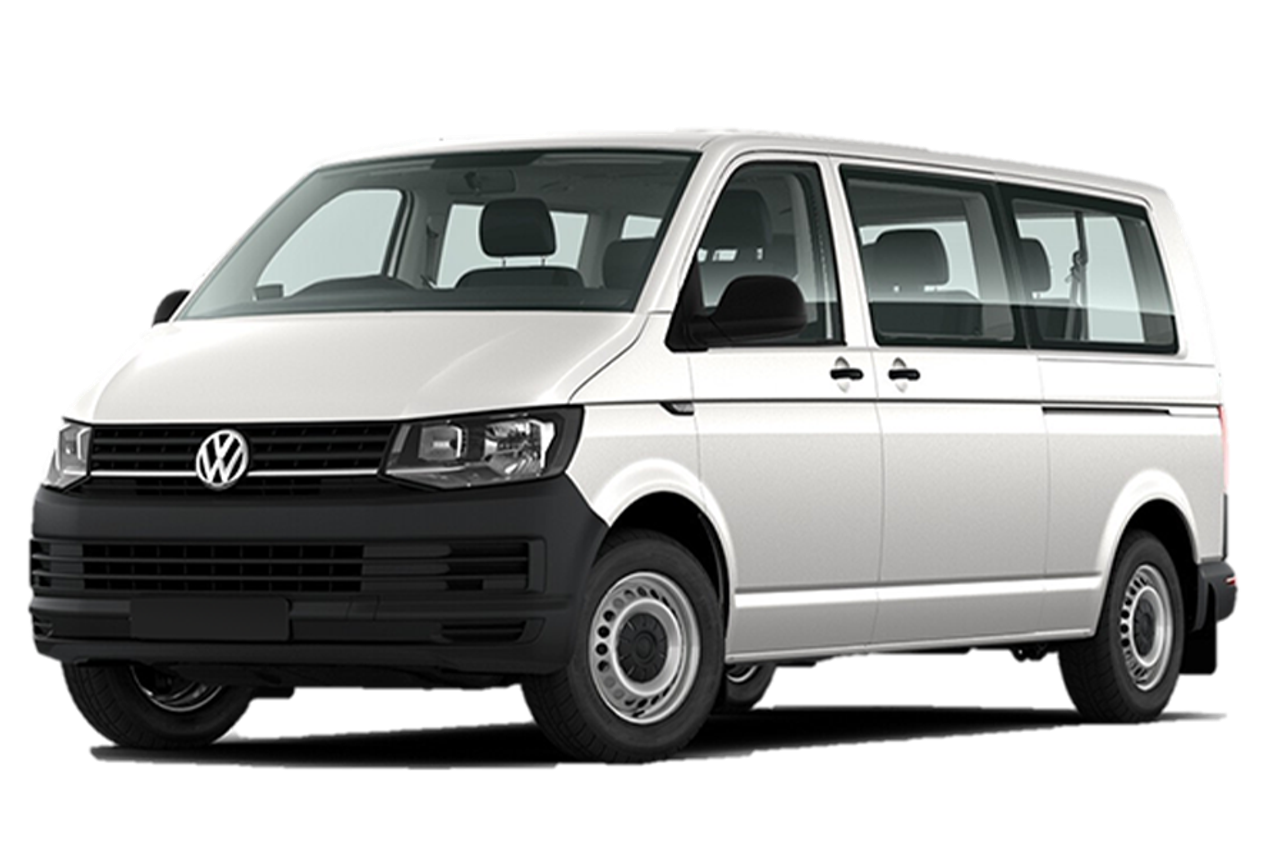 White Volkswagen Caravelle 9-seater minivan available for rent from Go Car Rental Iceland, isolated on a transparent background.