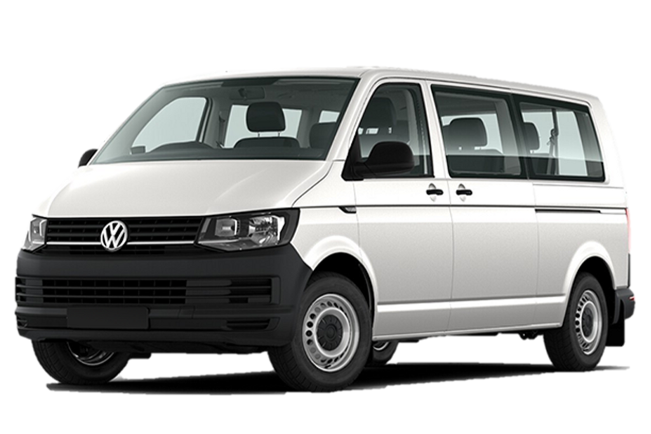 White Volkswagen Caravelle 9-seater minivan available for rent from Go Car Rental Iceland, isolated on a transparent background.