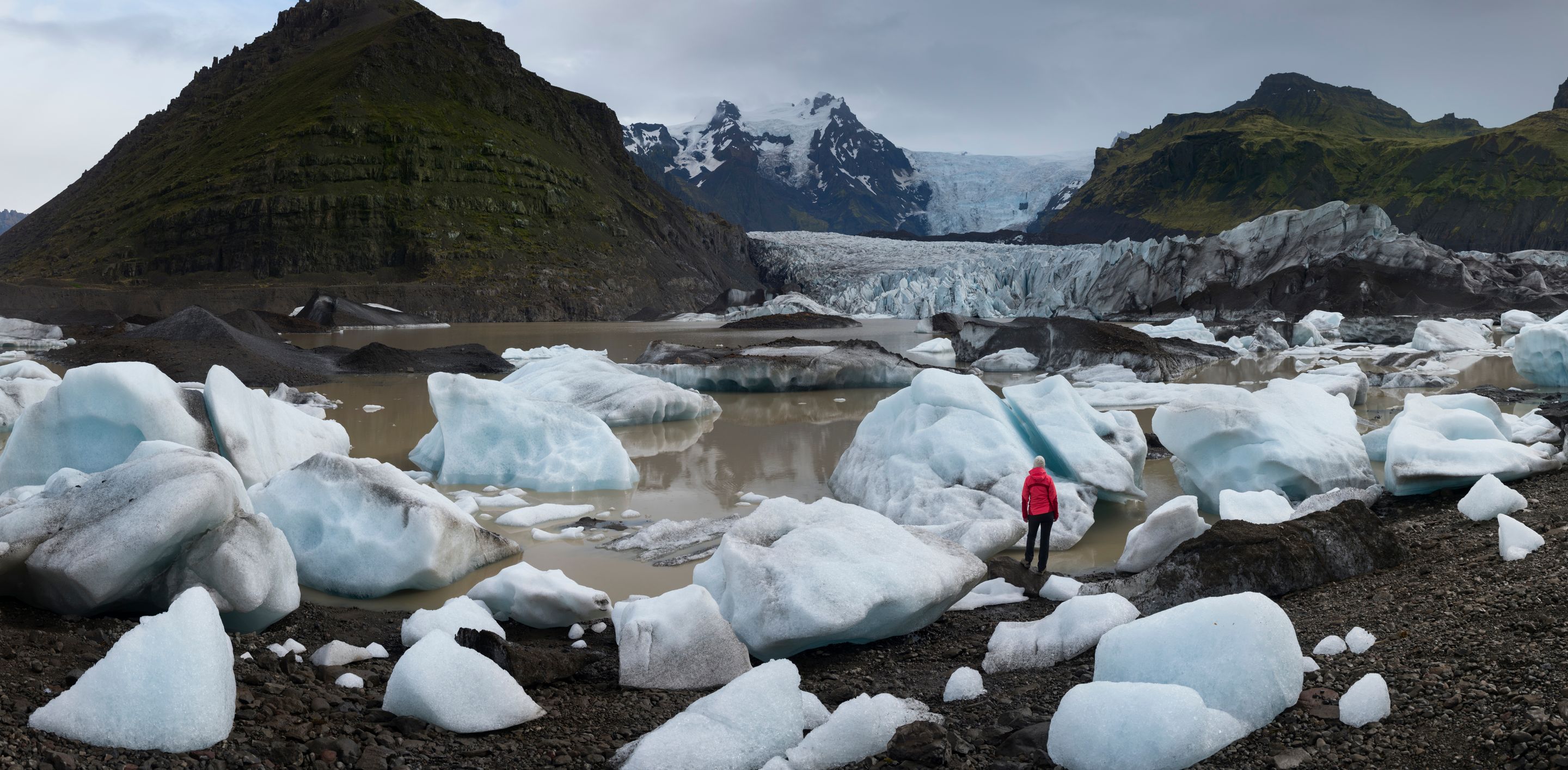 Woman rear view and standing in front of stunning scenery of wild glacier, surrounded by huge icebergs, Skaftafellsjökull Glacier, Vatnajökull National Park