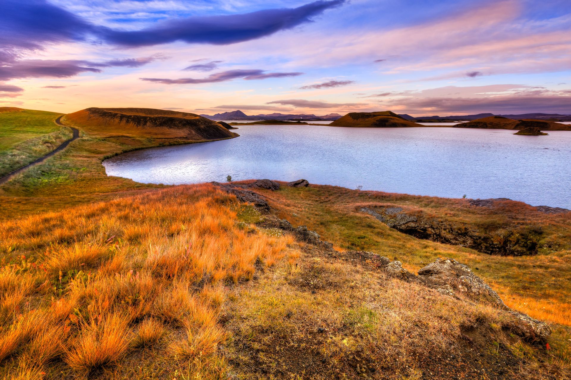 panoramic view on the lake myvatn in the north of Iceland. Sunset on pink tones