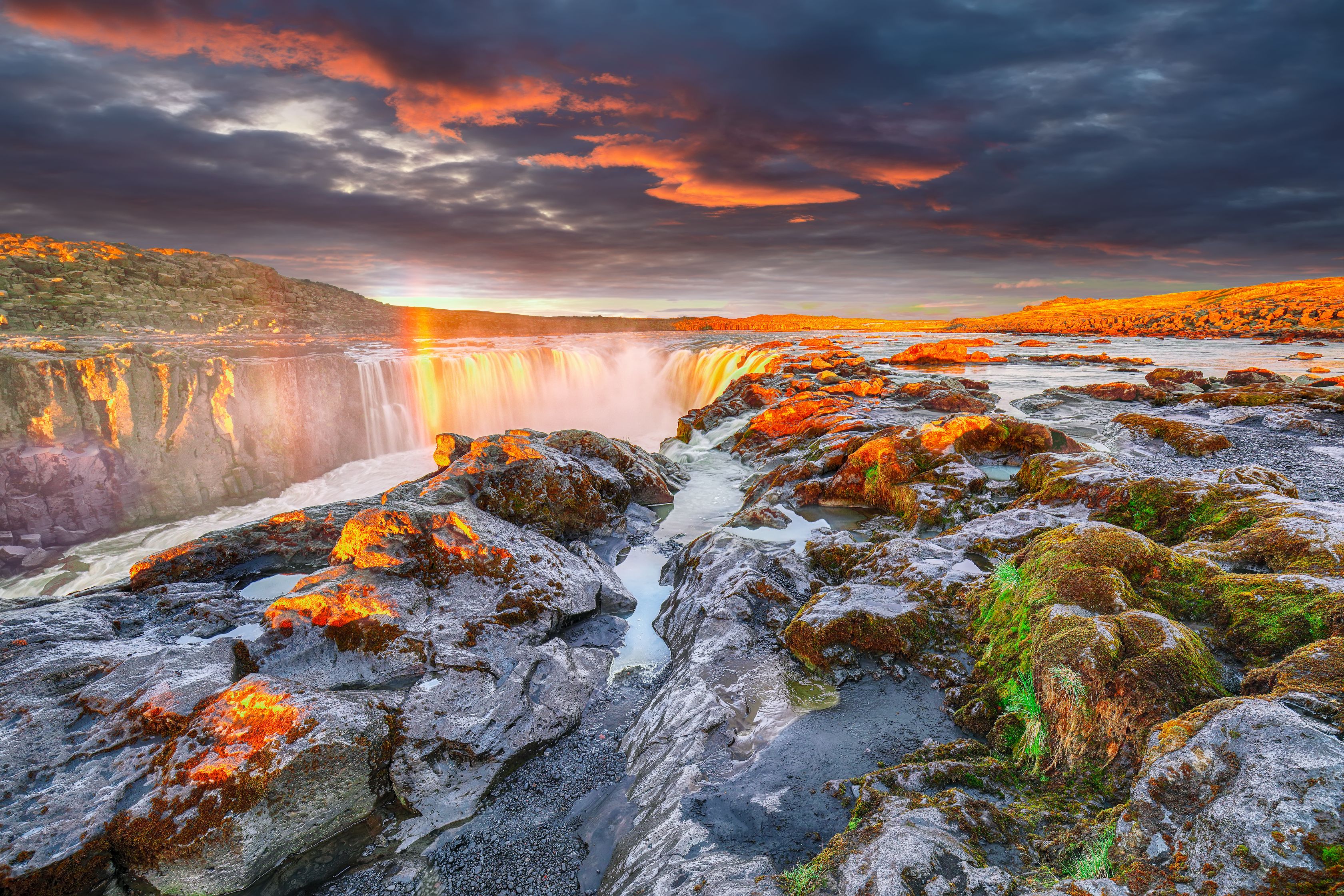 Dramatic sunset over Selfoss waterfall in Iceland