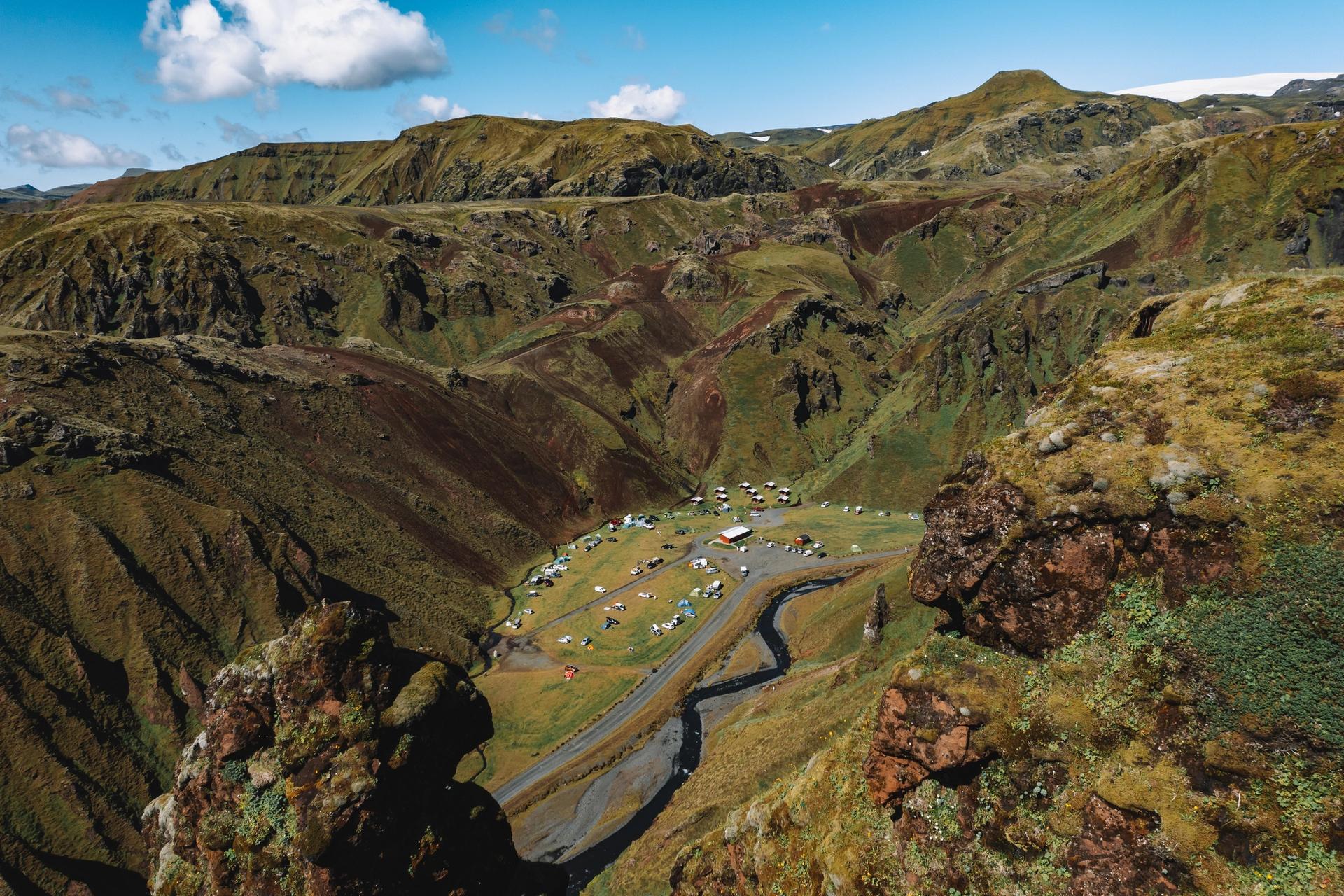 The sheltered canyon of Þakgil Camping Ground.