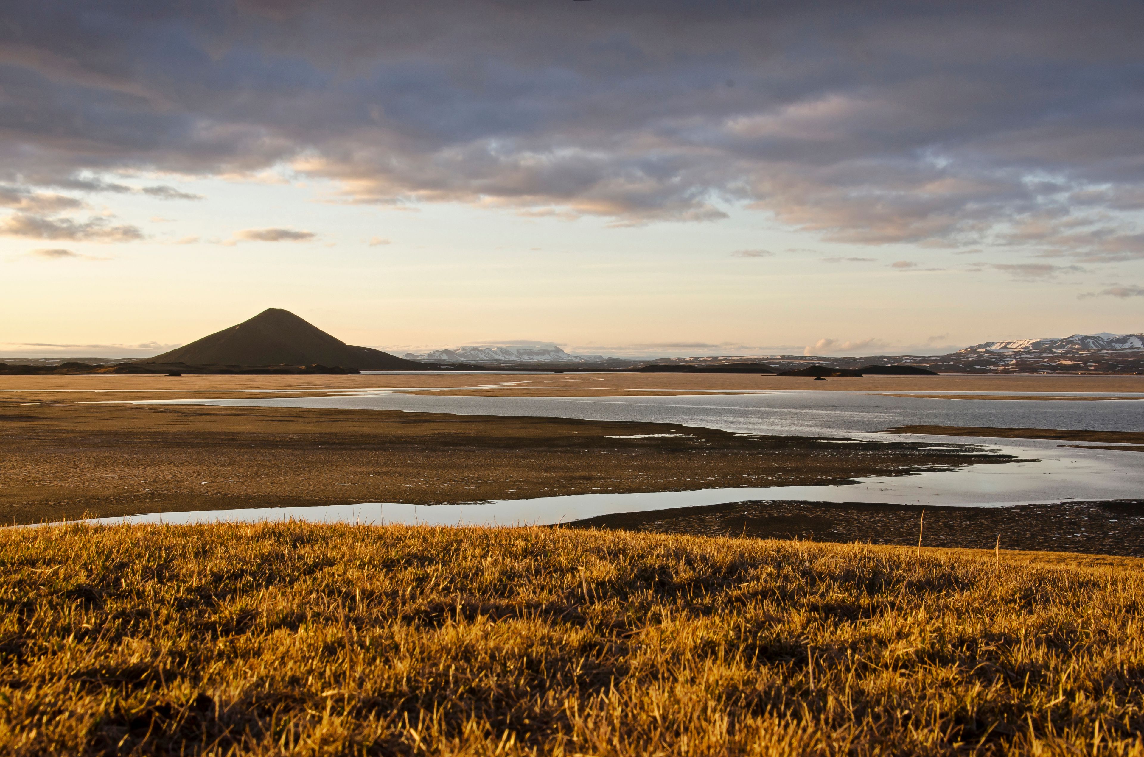 Skútustaðir, Iceland. View from a grassy hill towards lake Myvatn