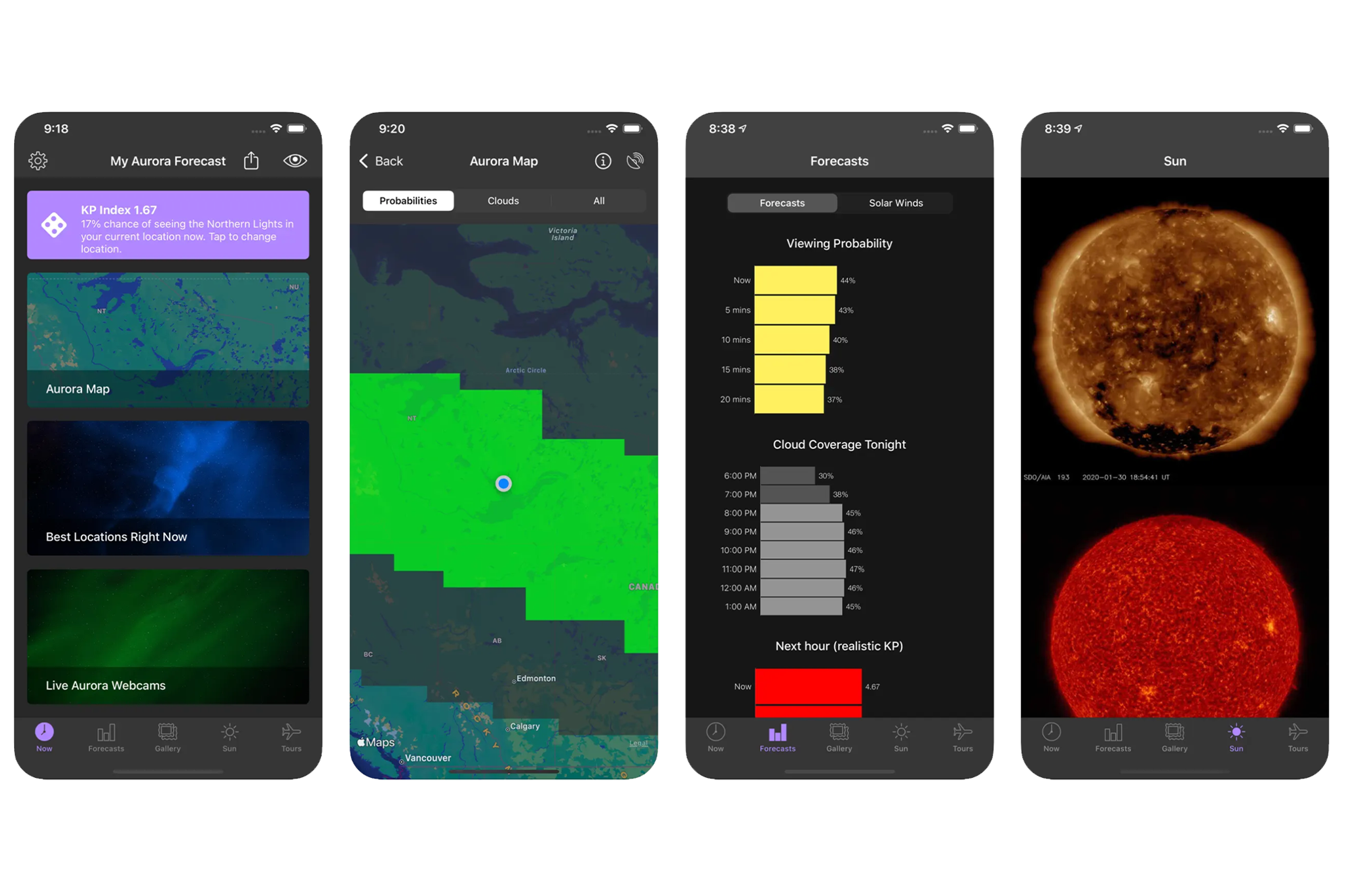 Meine Aurora-App, die Vorhersagen und Warnungen für Nordlichter anzeigt