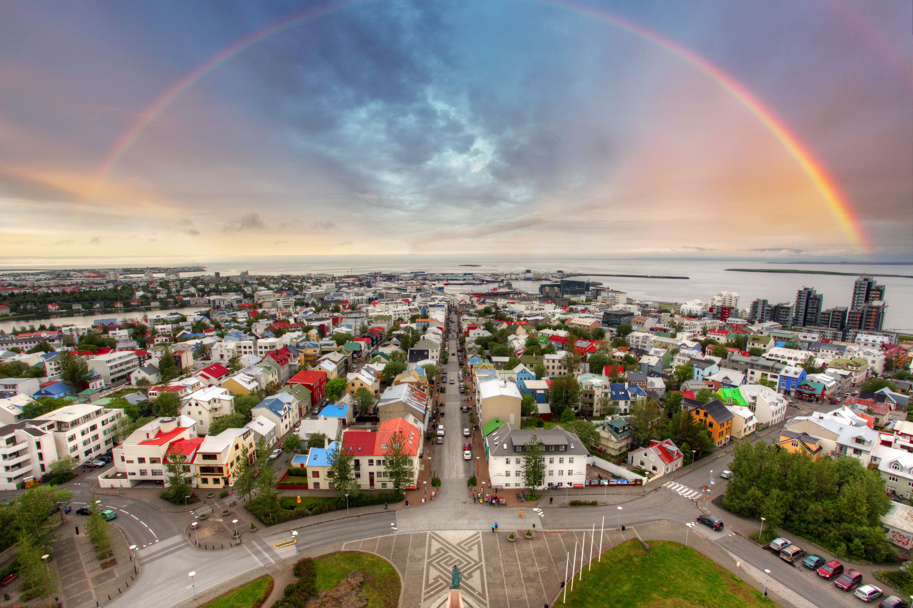 Reykjavik cityspace with rainbow