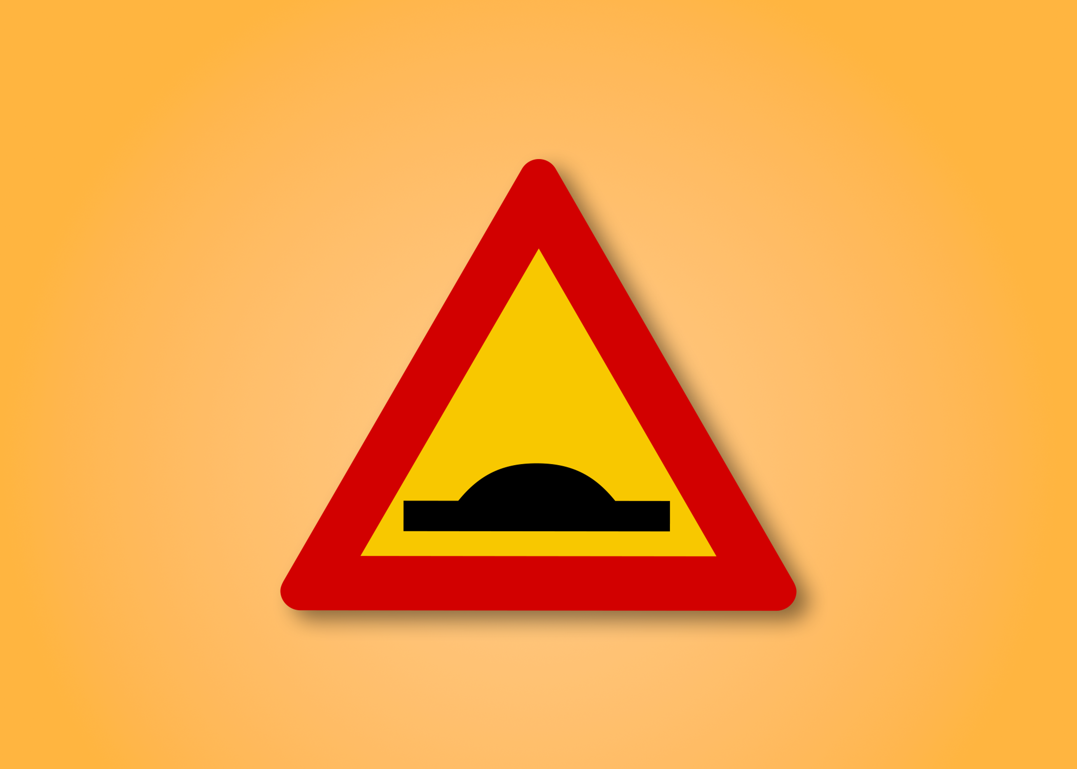 Red and yellow triangle road sign with a bump in the middle. This road sign means Speed Bump ahead