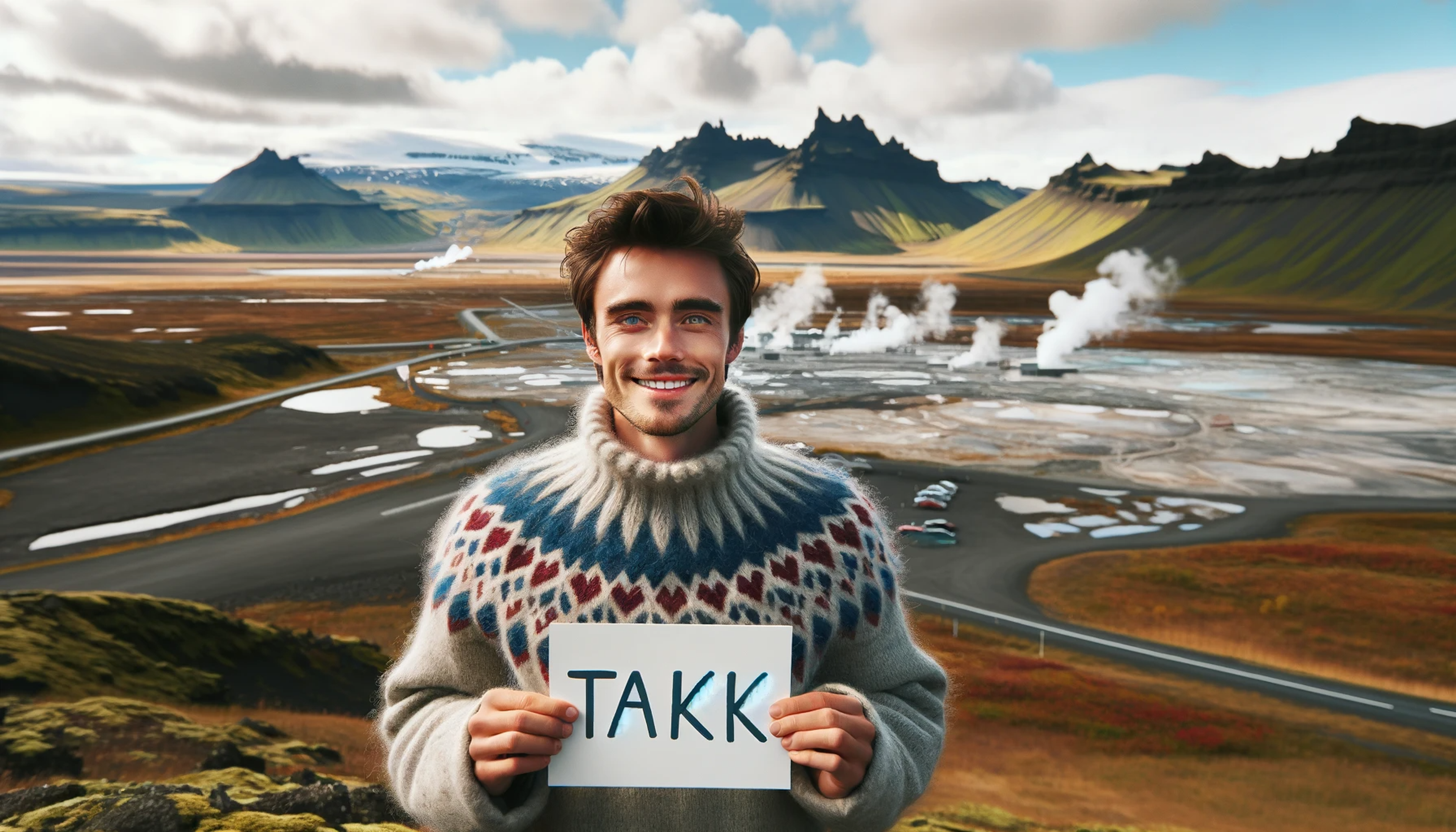 A person holding a sign in iceland that says "takk"
