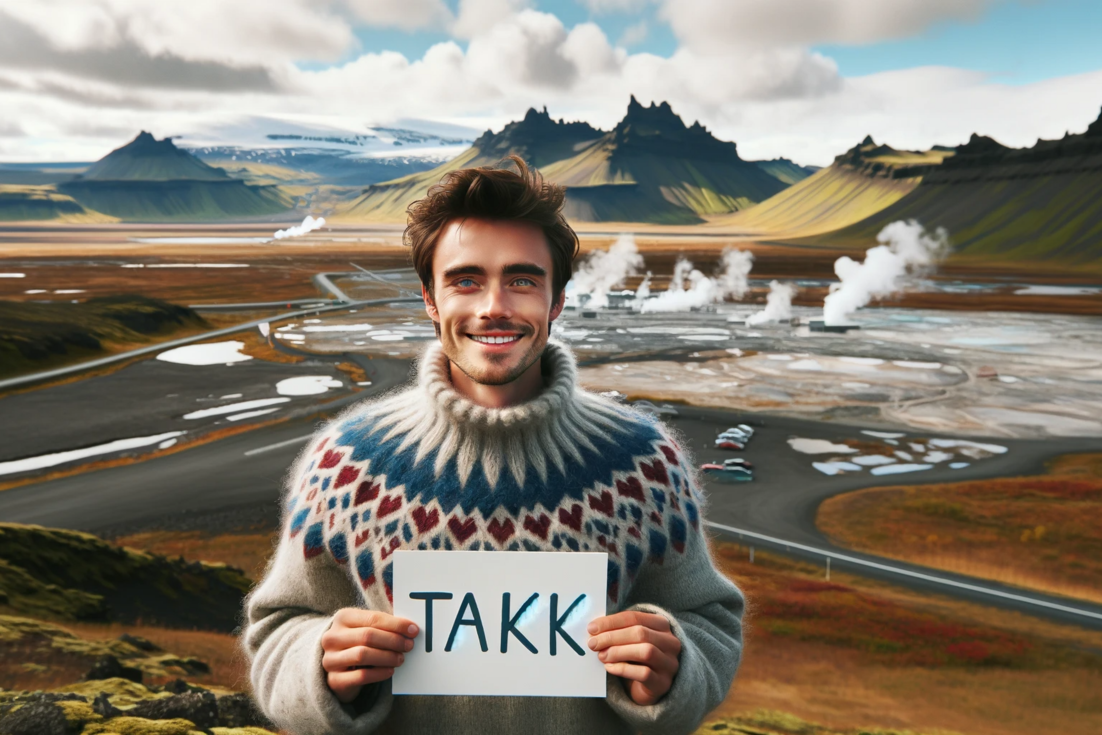 A person holding a sign in iceland that says "takk"