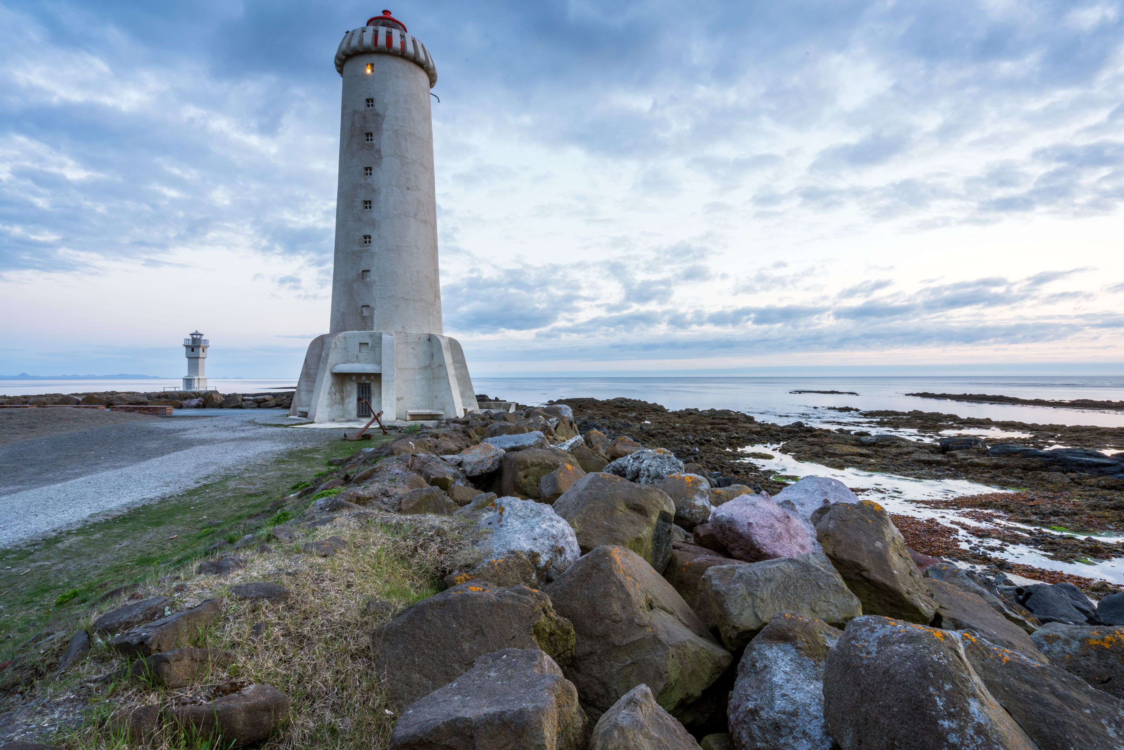 Akranes lighthouse in Iceland near Reykjavik during sunset hours.