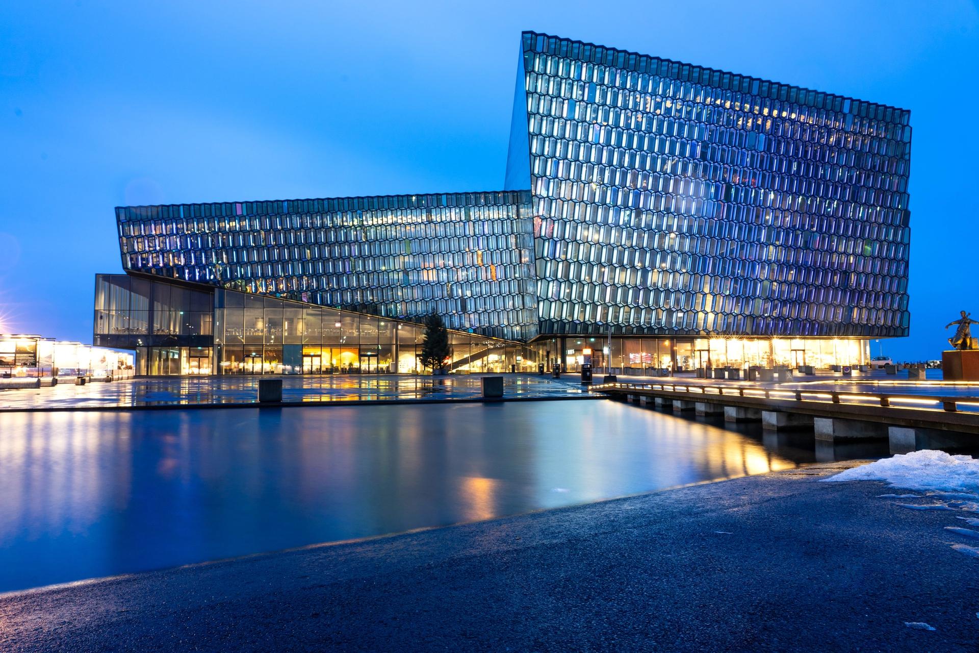 Harpa Concert Hall with its distinctive geometric glass facade in Reykjavík