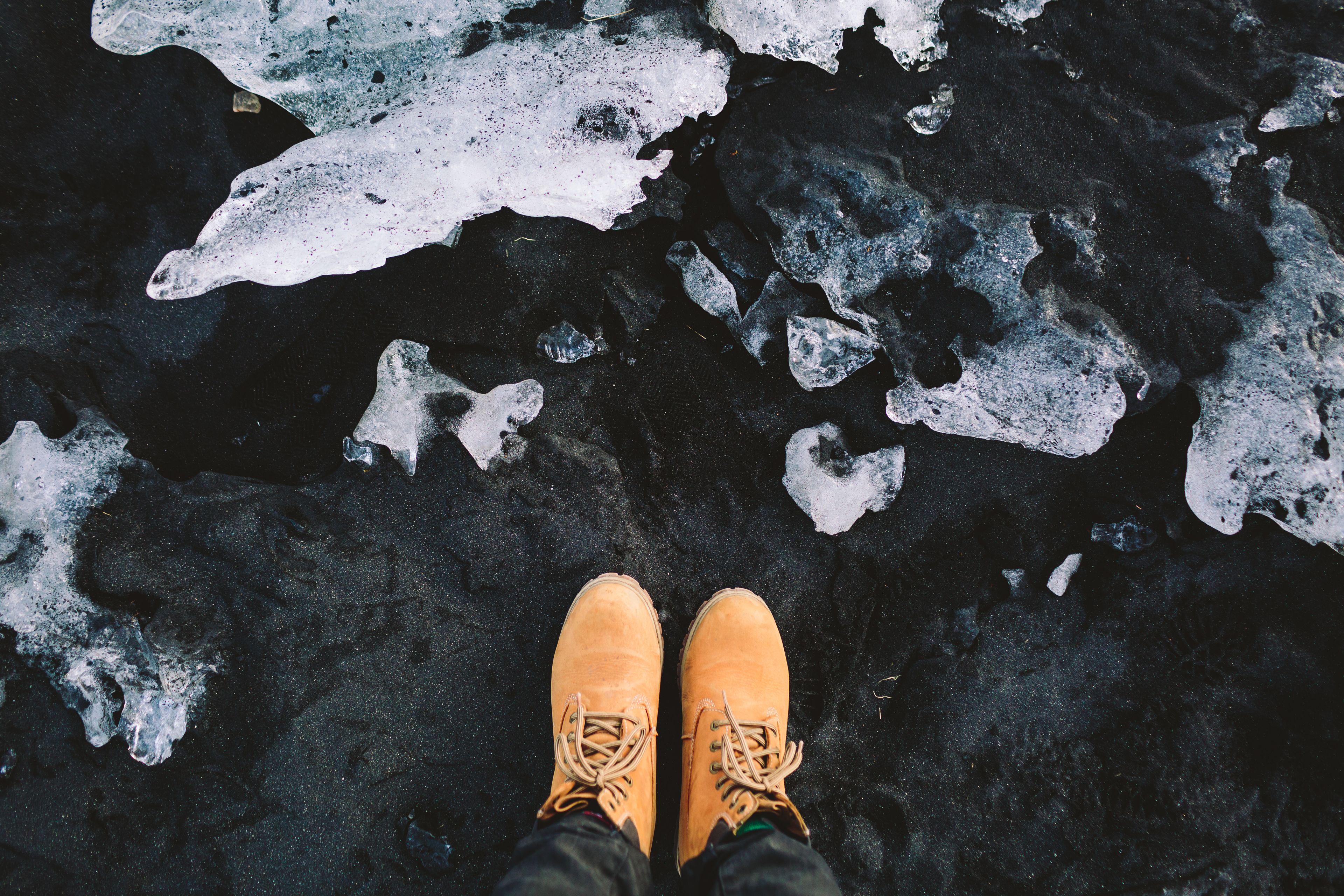 Boots against black sand in Iceland