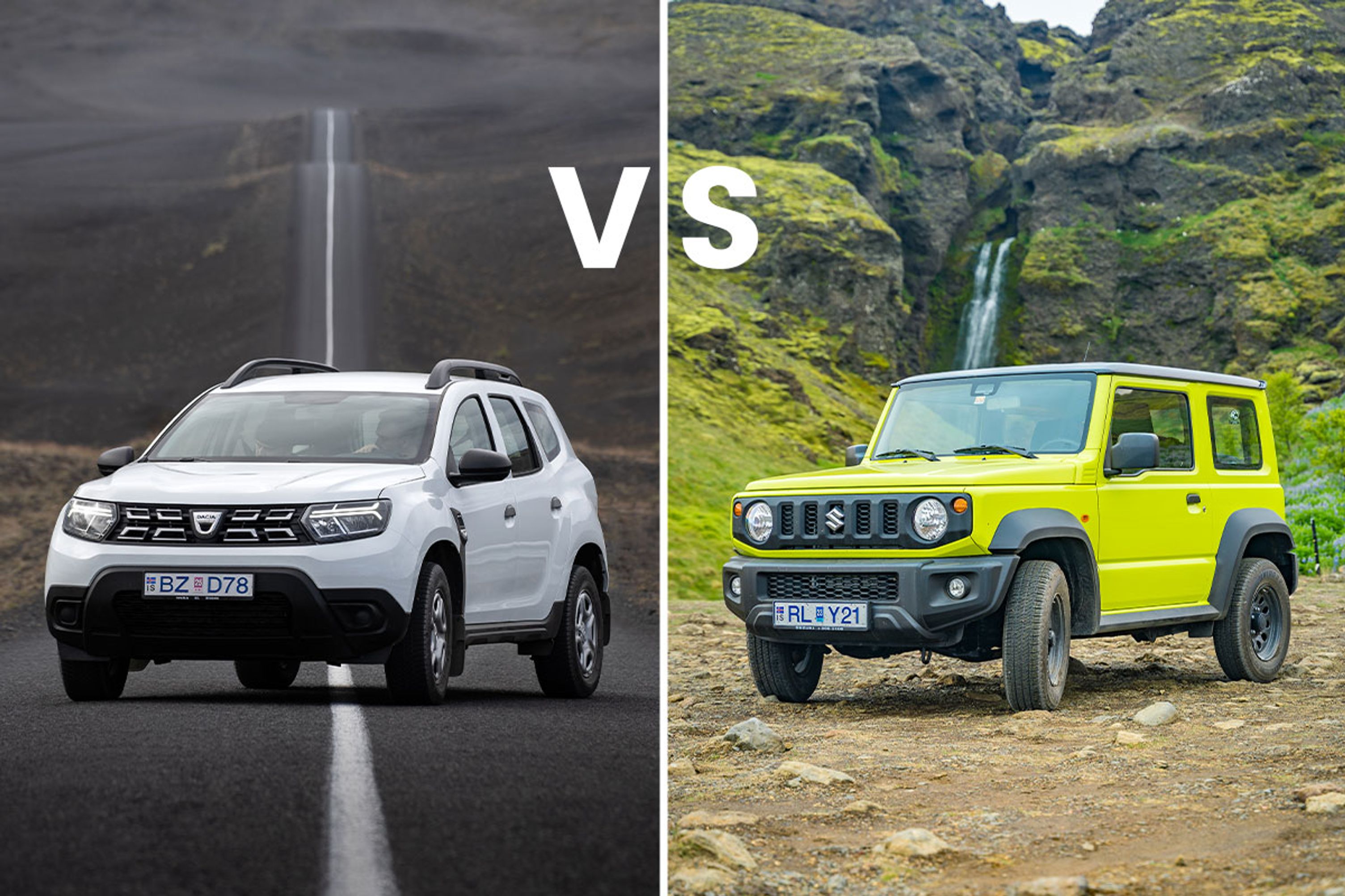 he Dacia Duster and Suzuki Jimny parked side by side, showcasing their distinct off-road capabilities