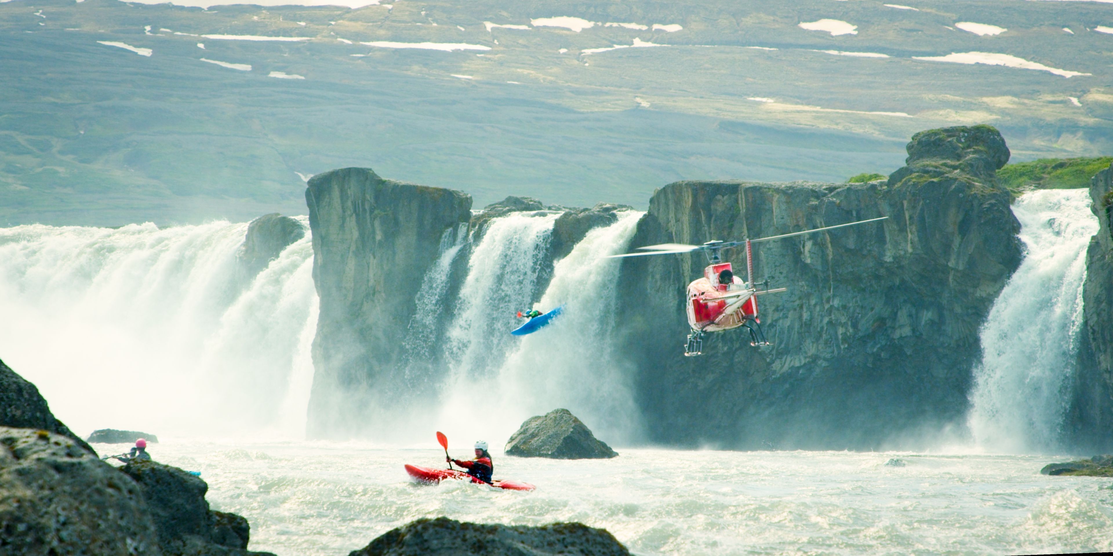 Kayaking scene with helicopter during a flyover iceland movie making