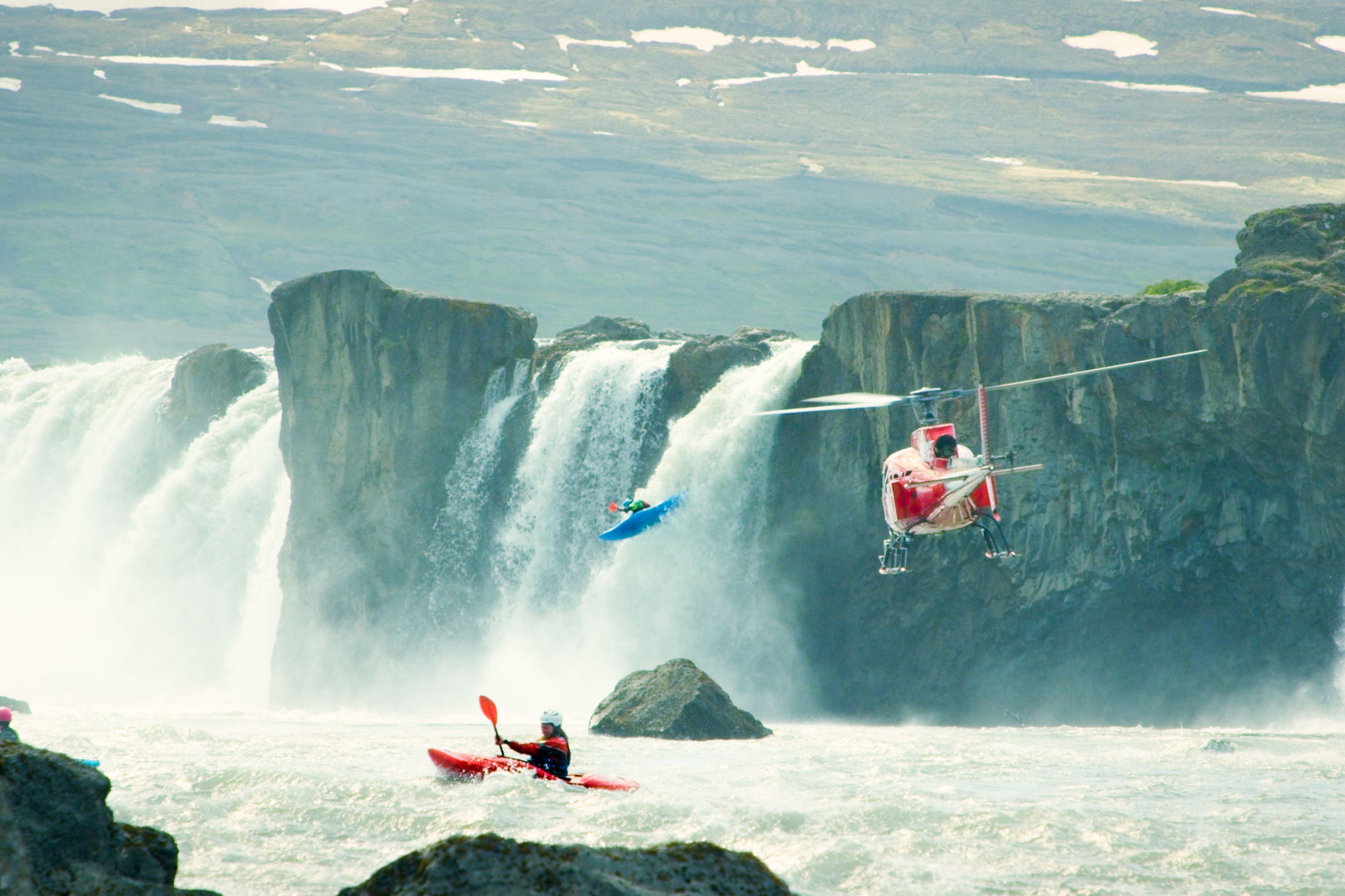 Kayaking scene with helicopter during a flyover iceland movie making