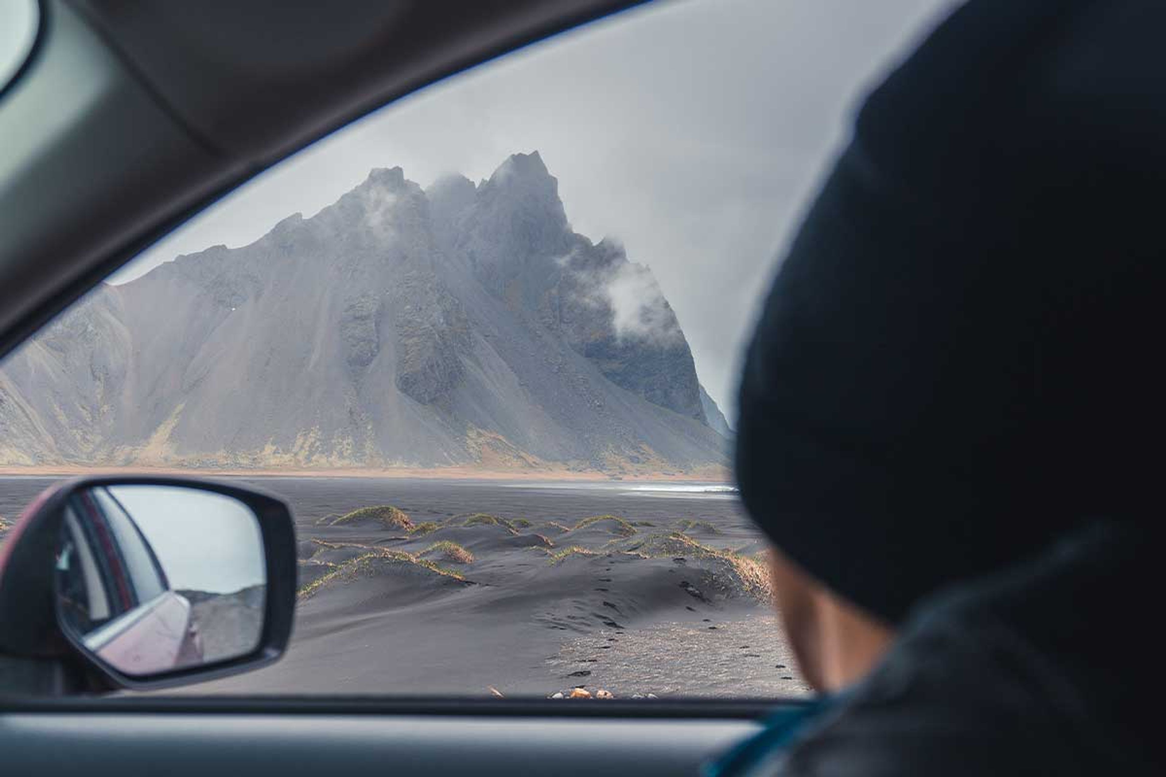 View of icelandic landscapes from the inside of a car 