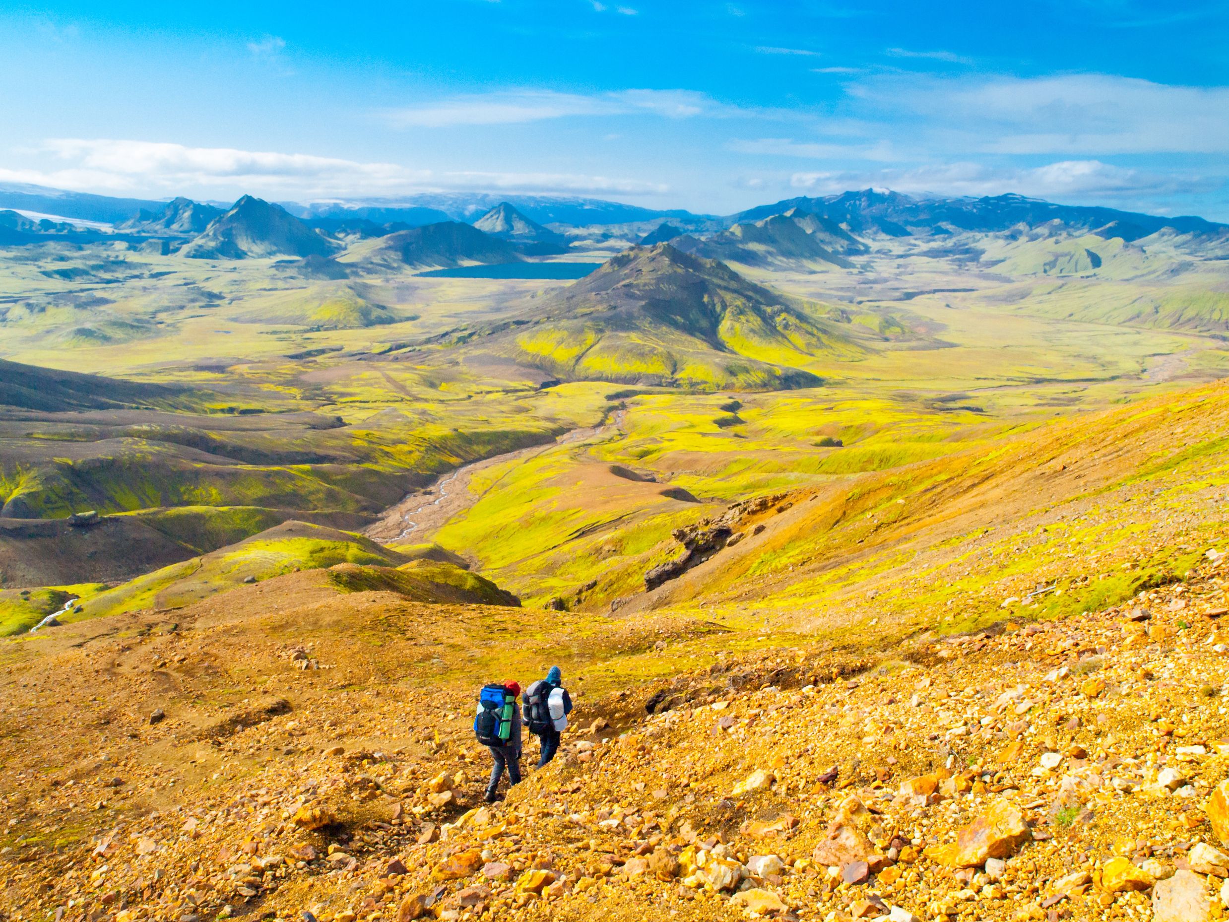 Two people hiking in Landmannalaugar during summer