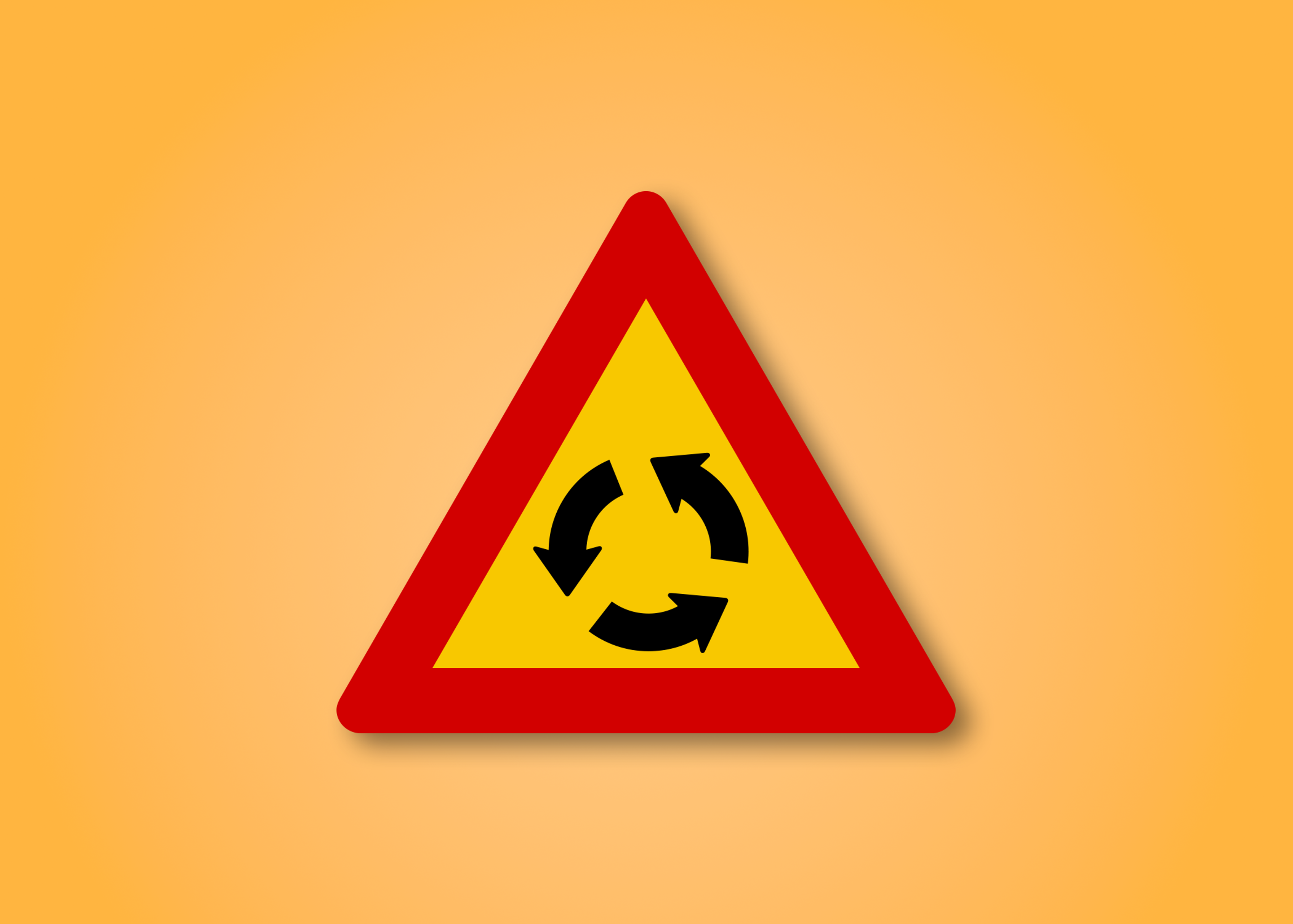 Red and yellow triangle road sign with an Roundabout in the middle. This road sign means Roundabout ahead