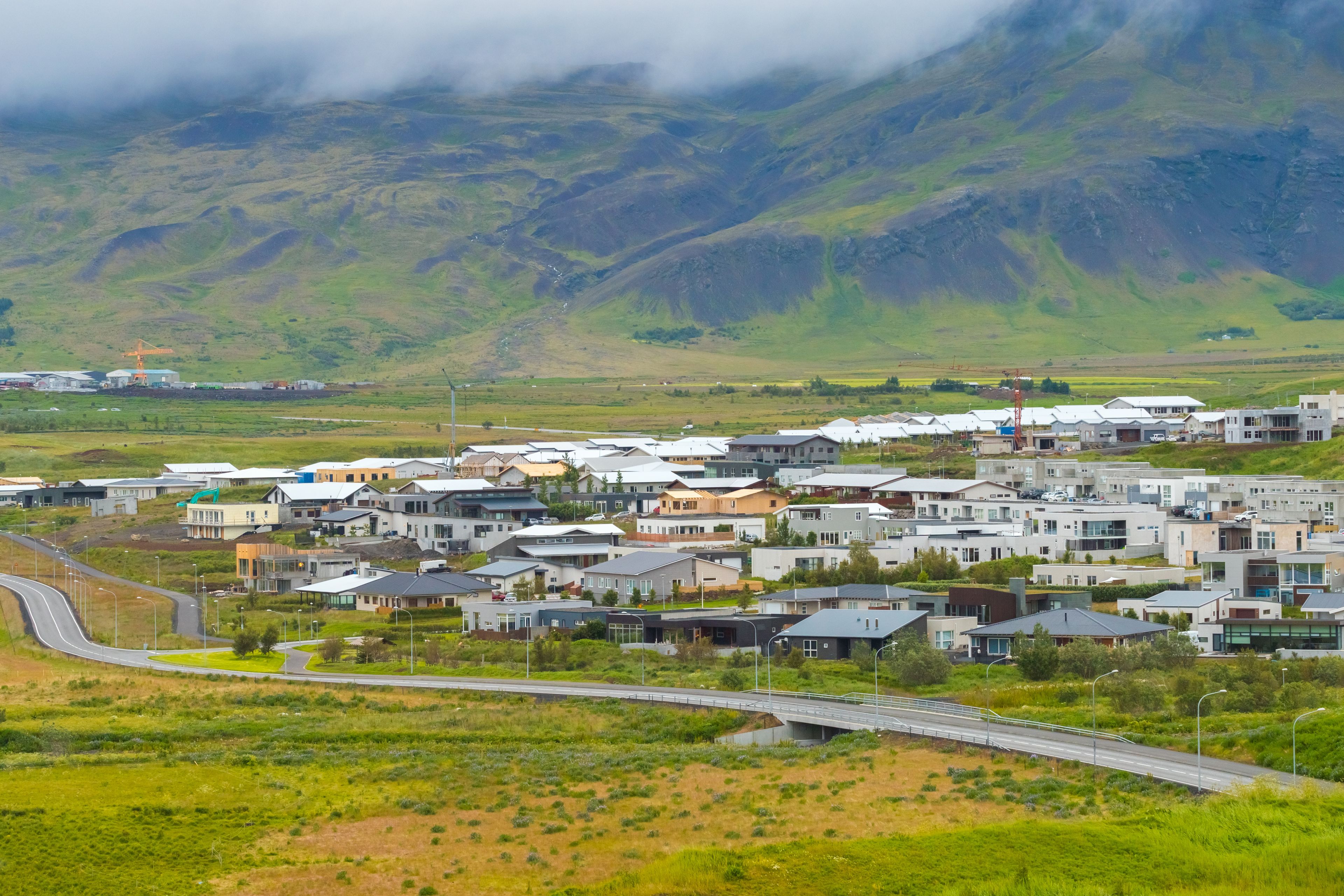 Summertime view of morning sunlight at Leirvogstunga, Mosfellsbær, Iceland