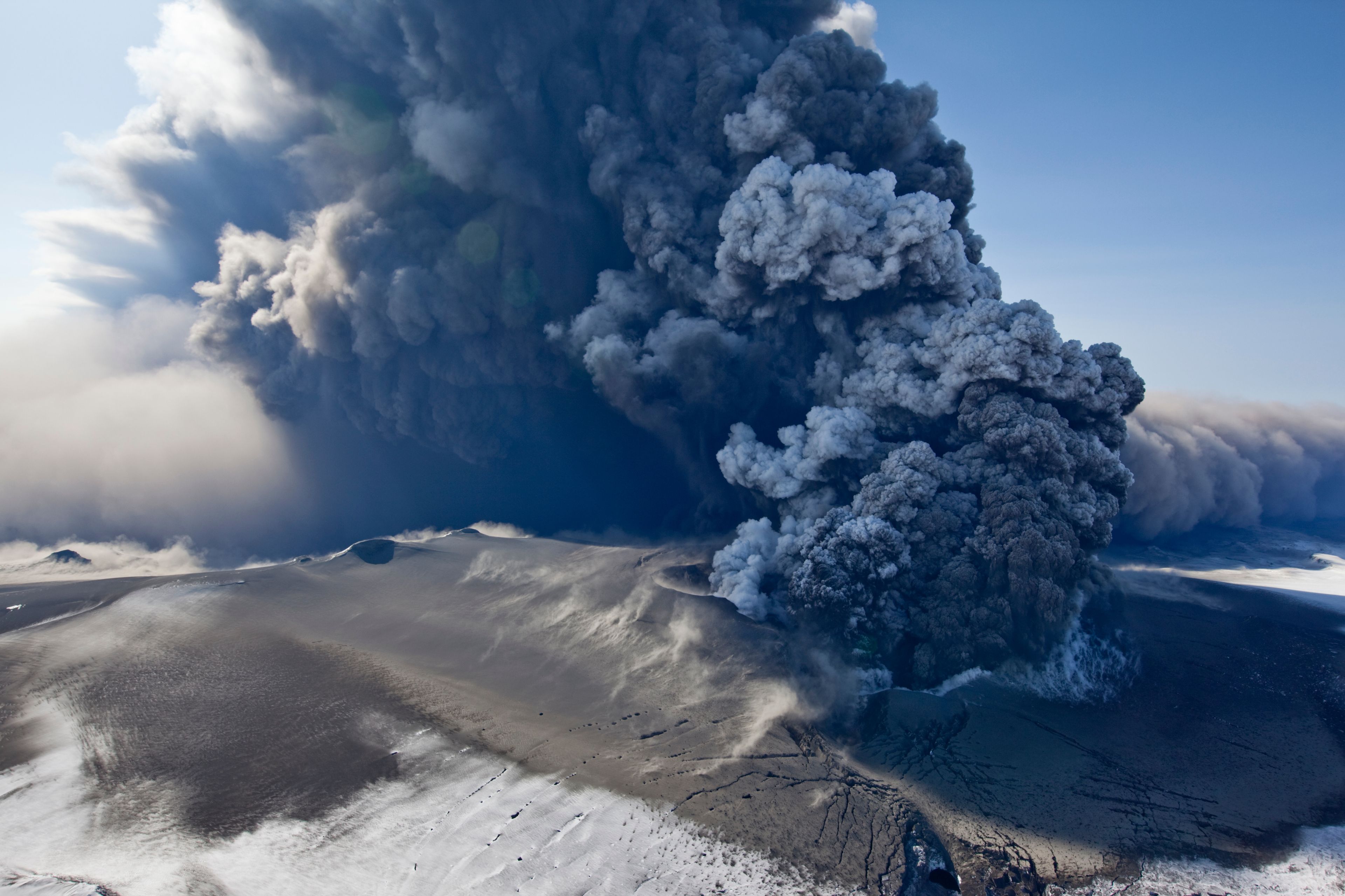 A view of Eyjafjallajökull volcano with ash clouds in the background