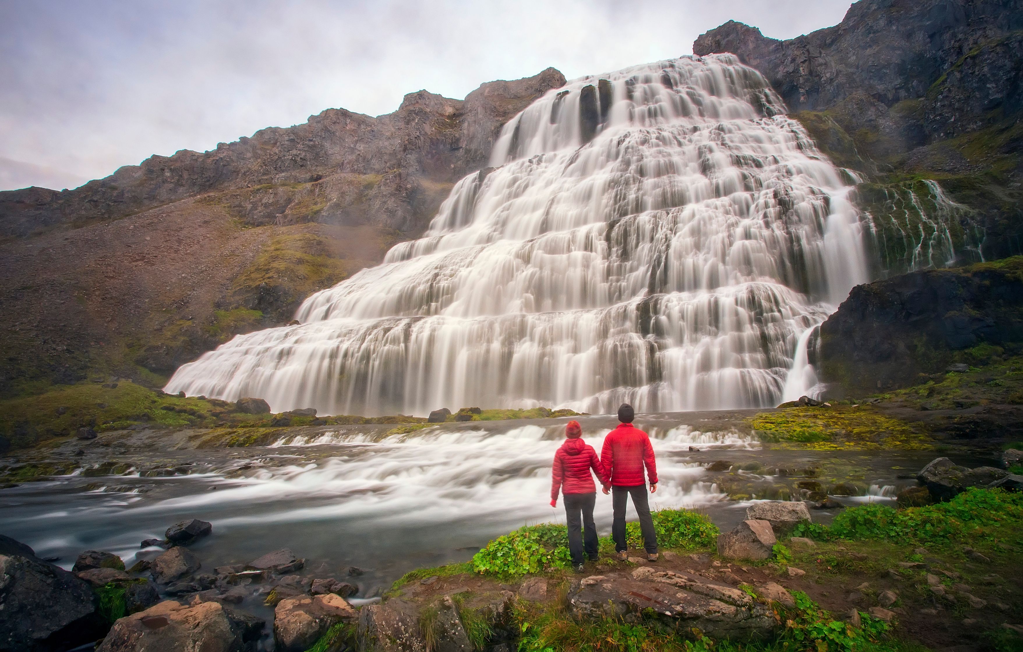 Couple at Dynjandi waterfall, Iceland