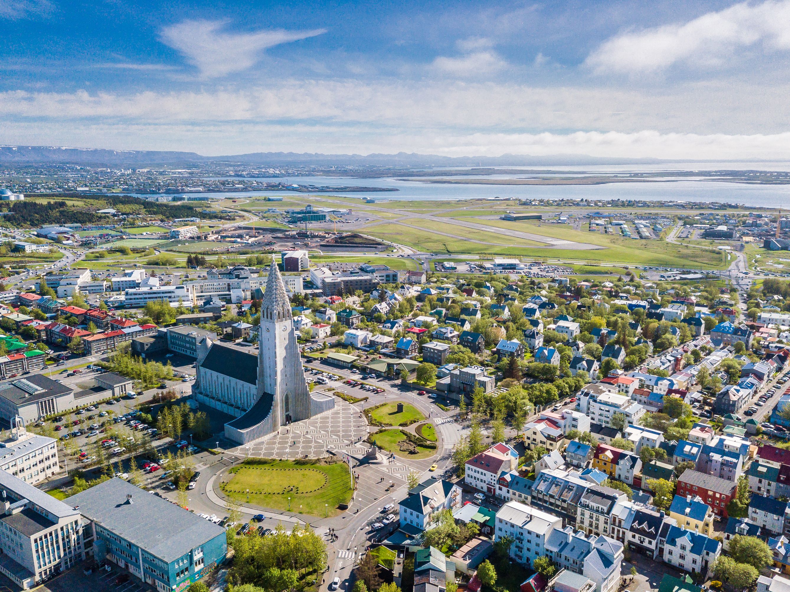 Reykjavik Iceland city scape frop the top with Hallgrimskirkja church