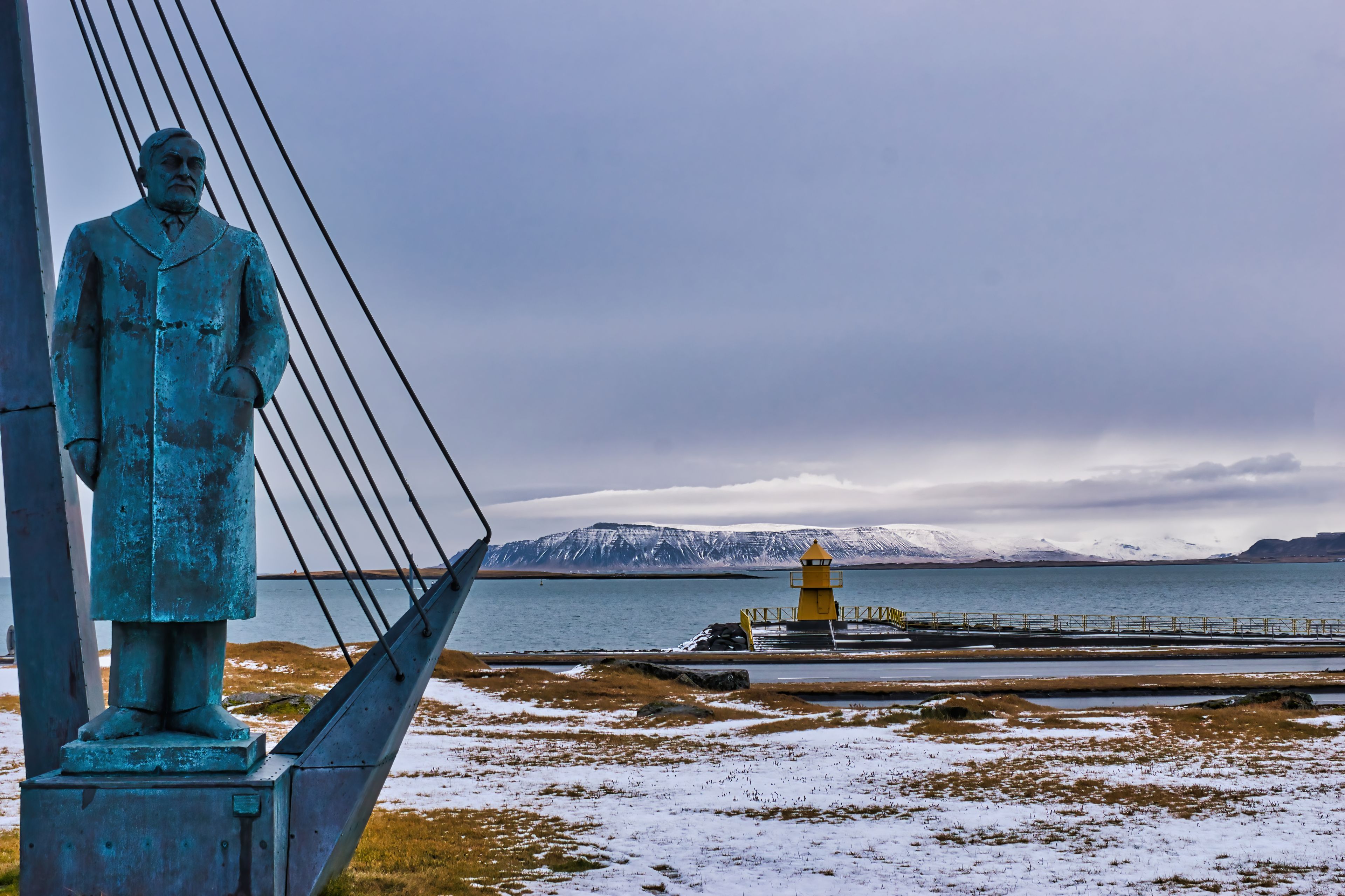 Einar Benediktsson statue at the Hofdi house outside of Reykjavik, November