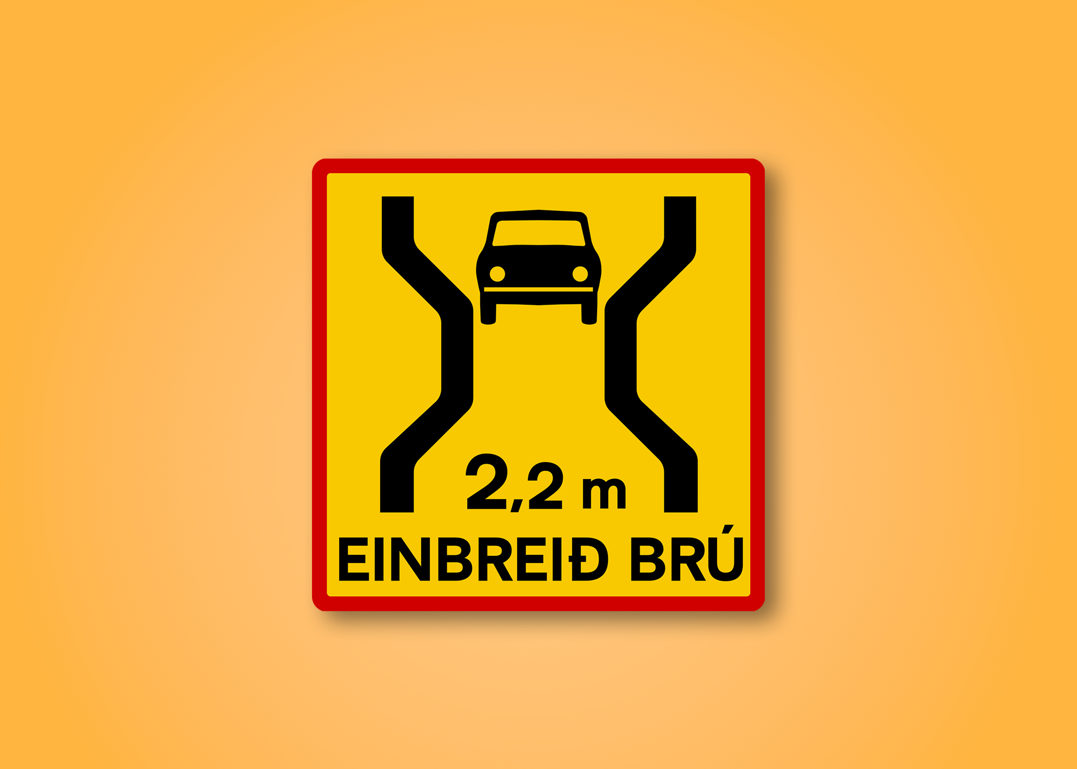 Red and yellow box road sign with a rental car driving a bridge in the middle. This road sign means One-Lane Bridge ahead.
