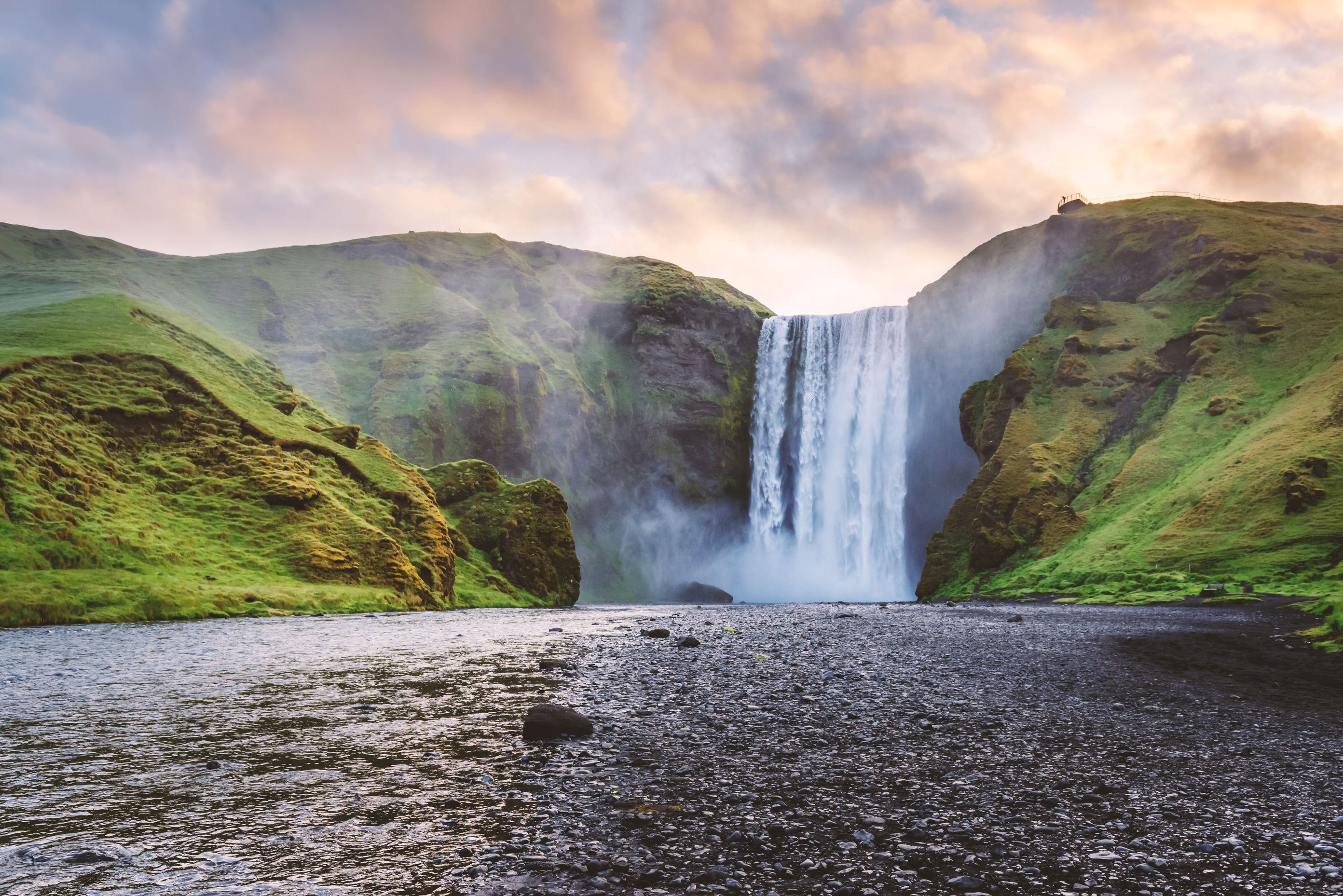 Skogarfoss waterfall on summer sunny day, Iceland