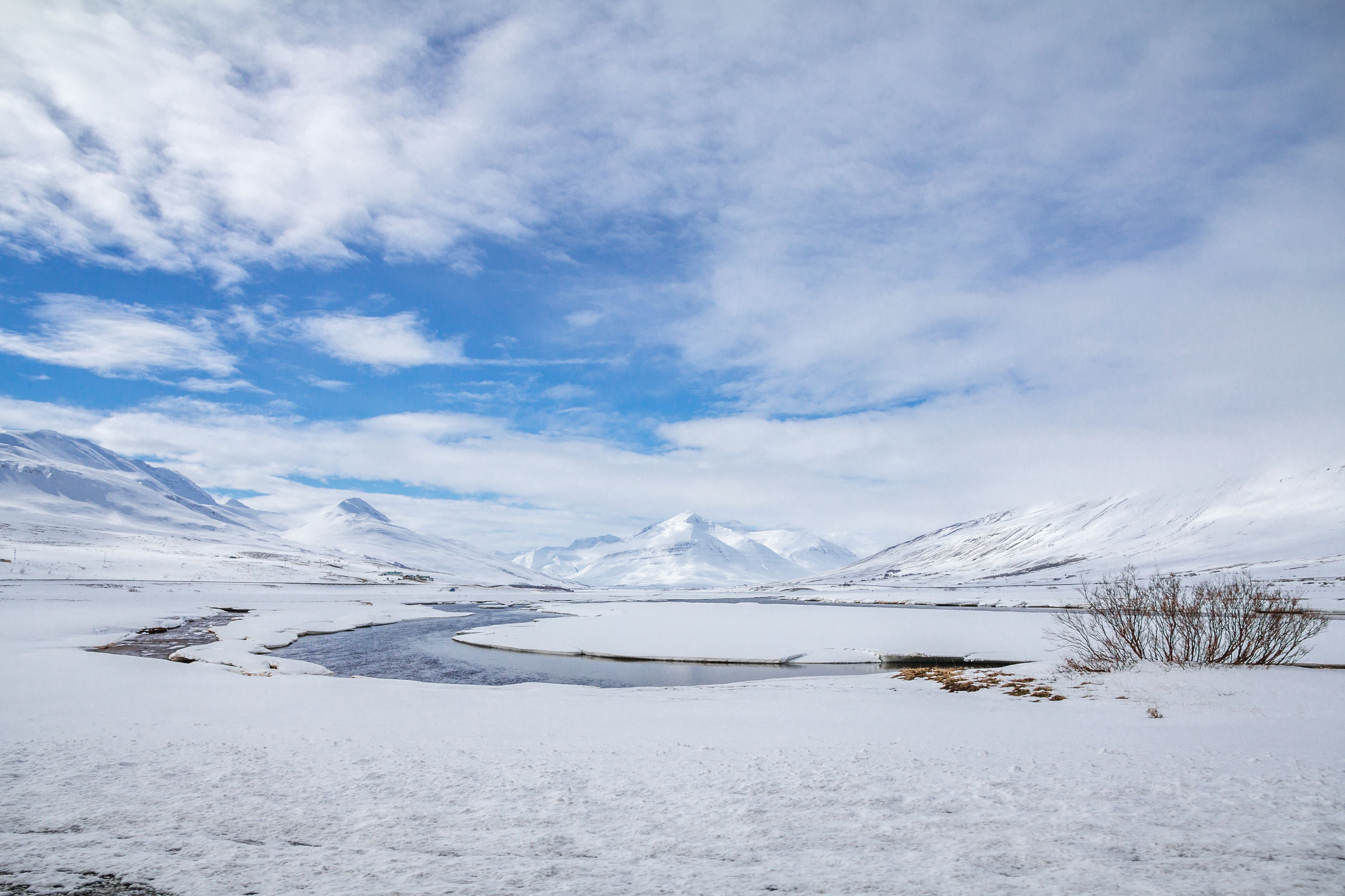 Snow-covered mountain in Dalvík