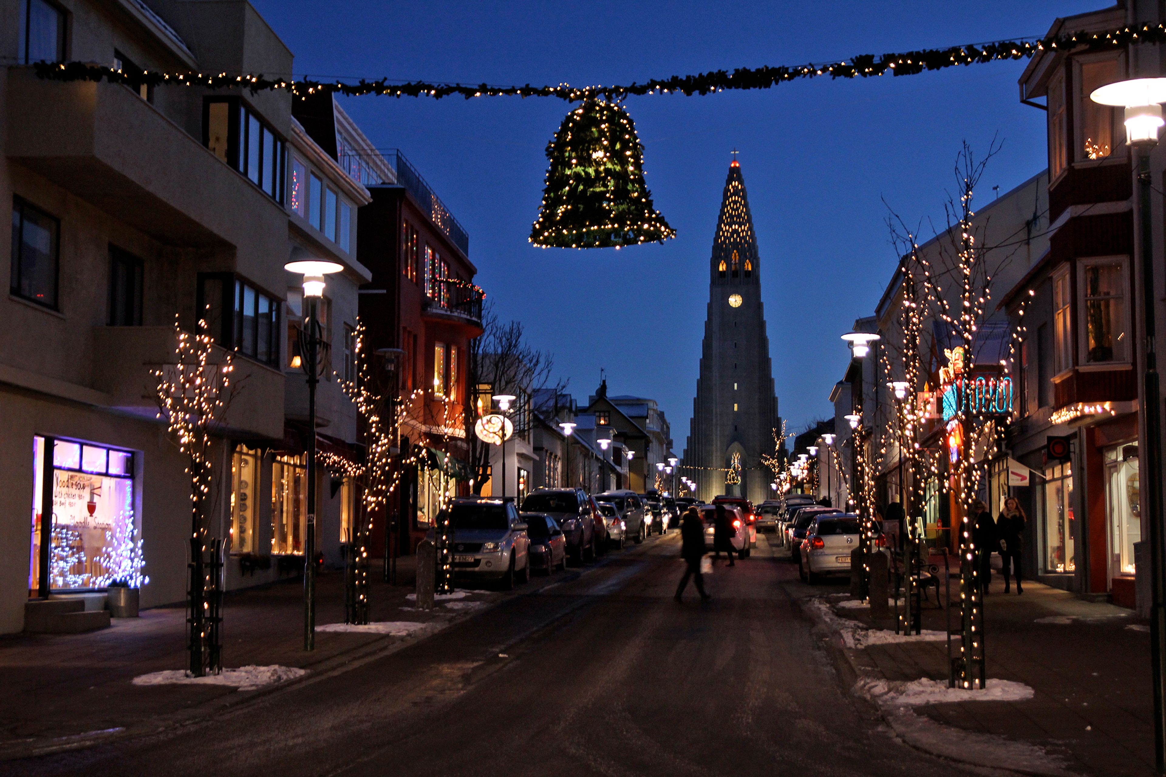 A view of downtown Reykjavik city center with Christmas decorations, white christmas and city lights