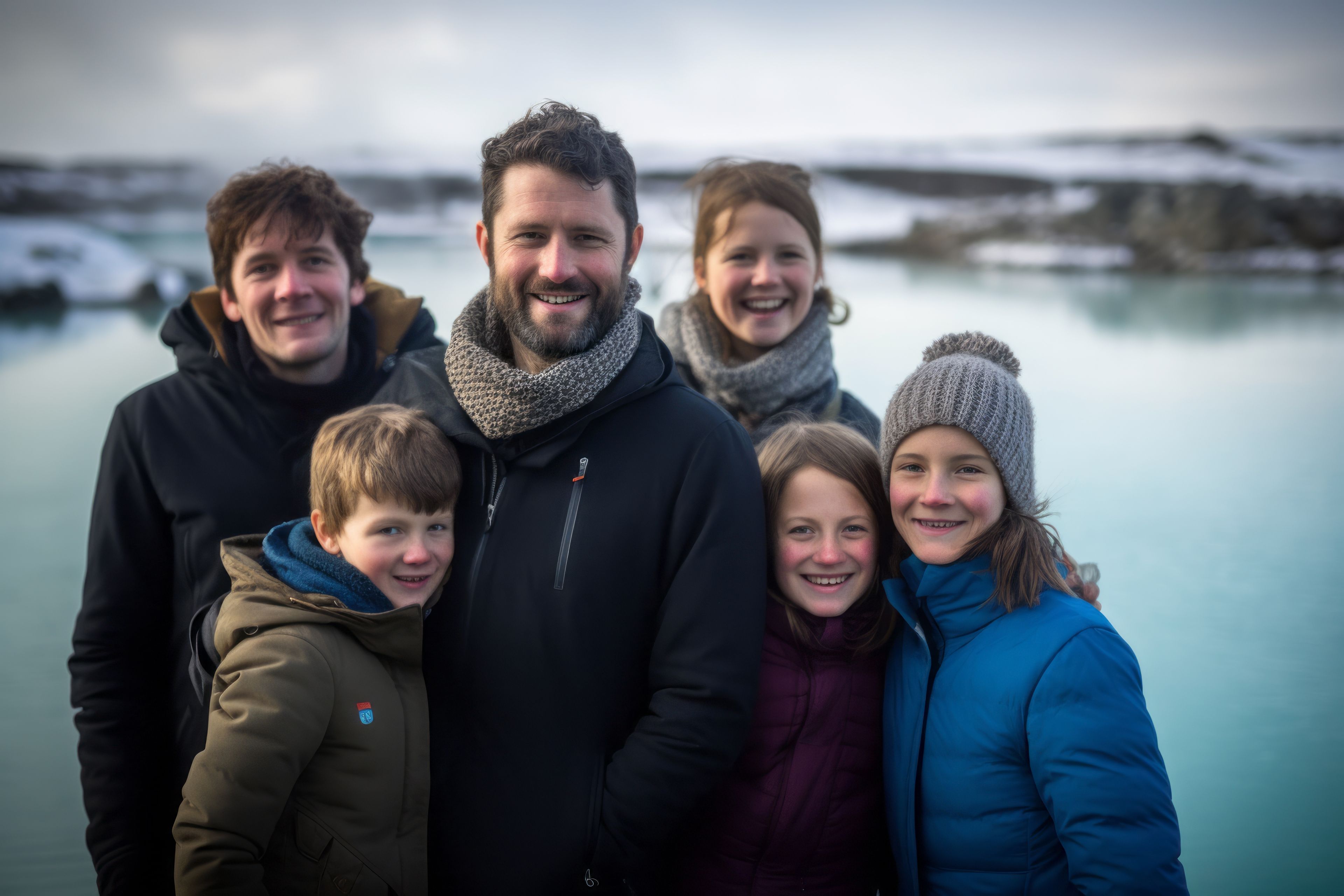 Una feliz familia islandesa en frente de una lago helado