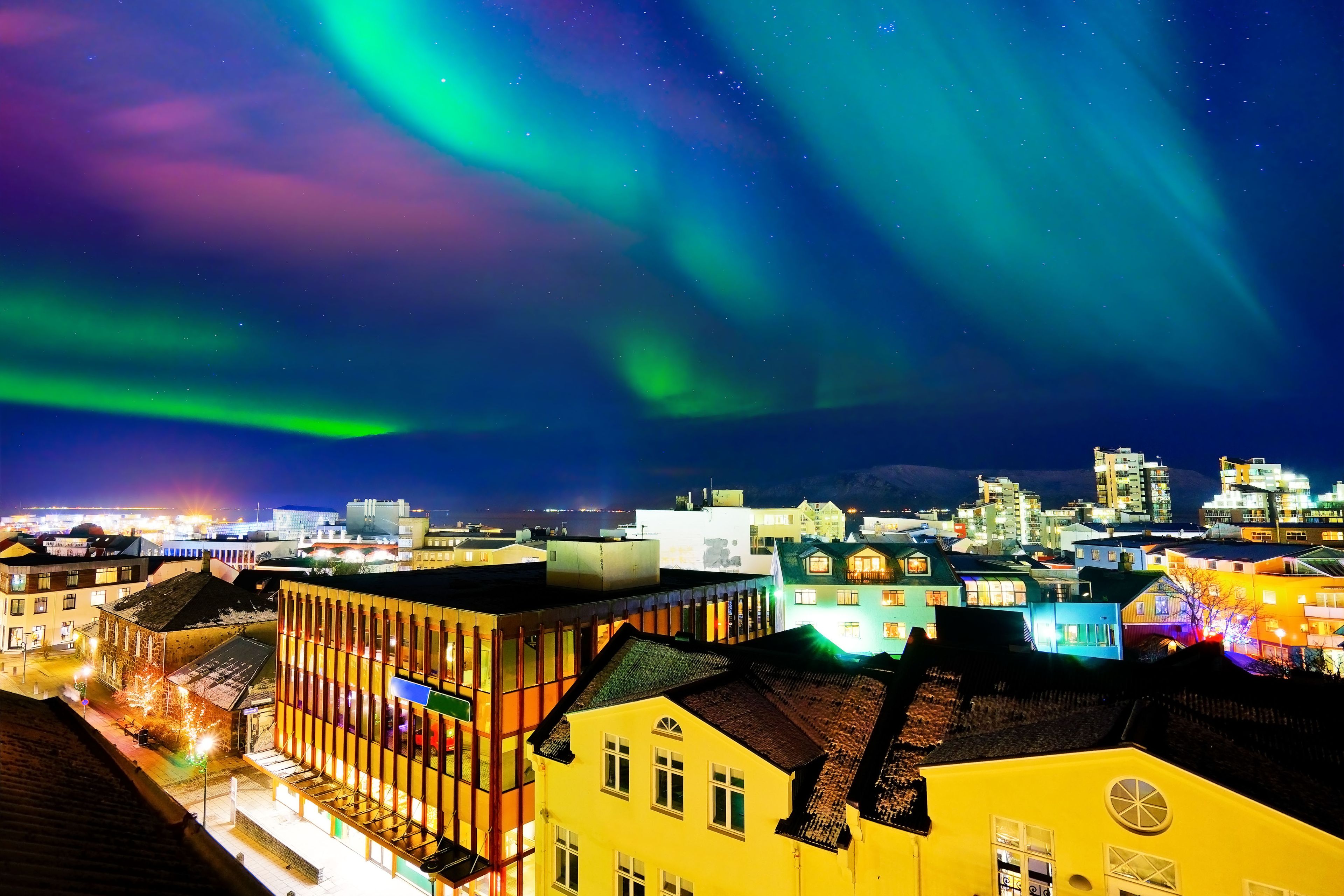 Northern lights in Reykjavik Iceland