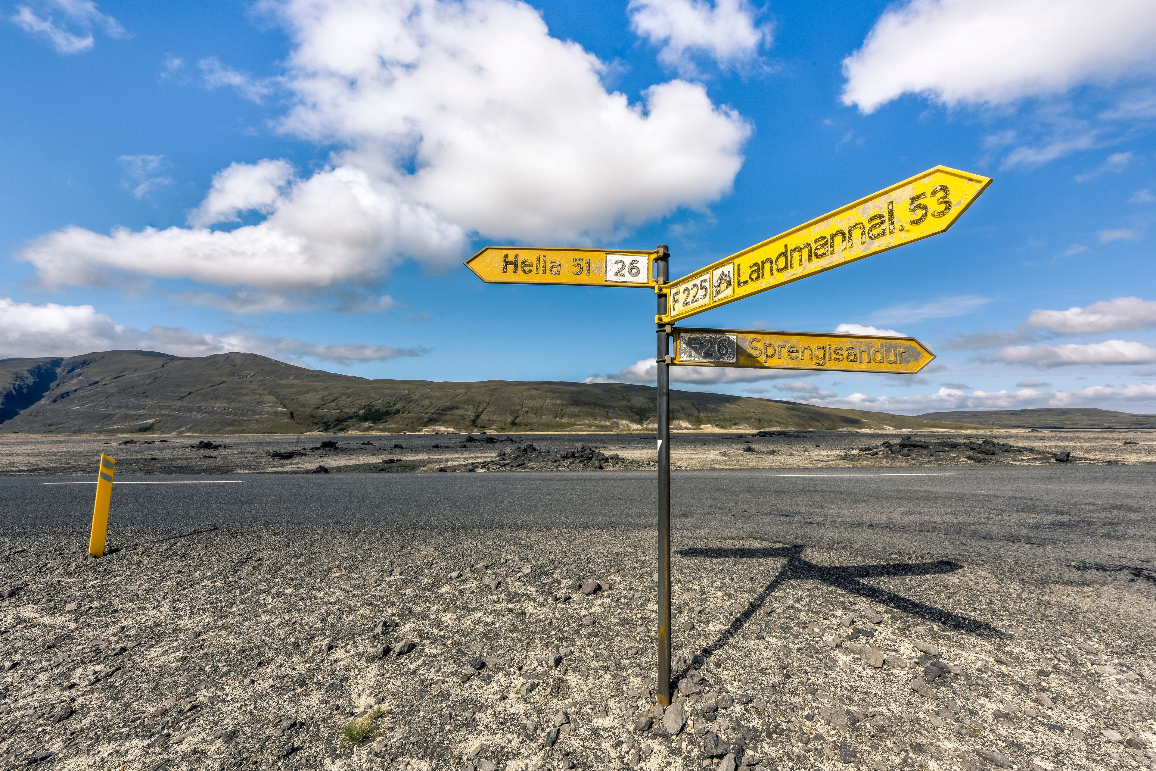 Signpost Landmannalaugar, Sprengisandur, Hella in the barren Icelandic Highlands, Iceland
