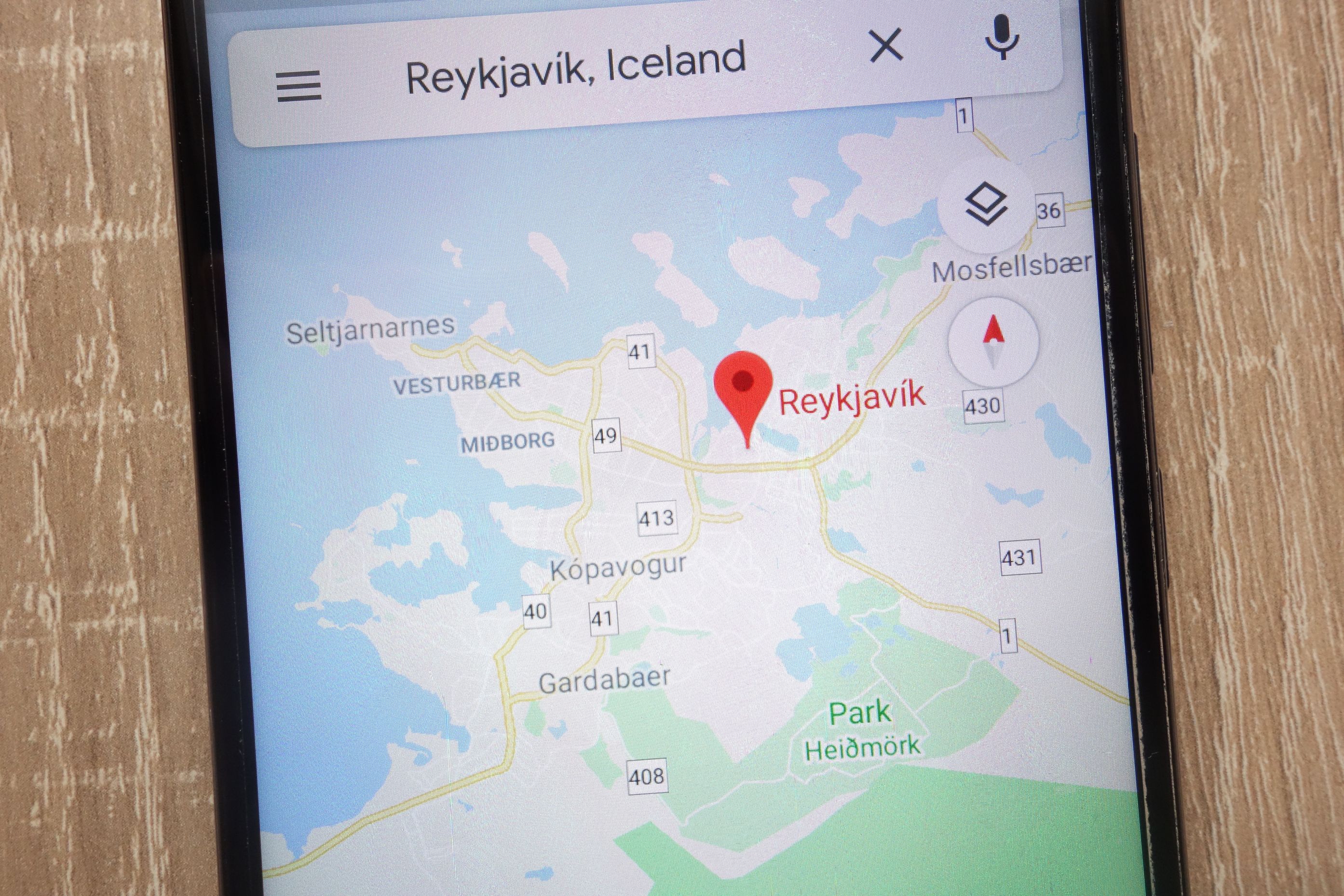 Google maps with Reykjavik in the search bar