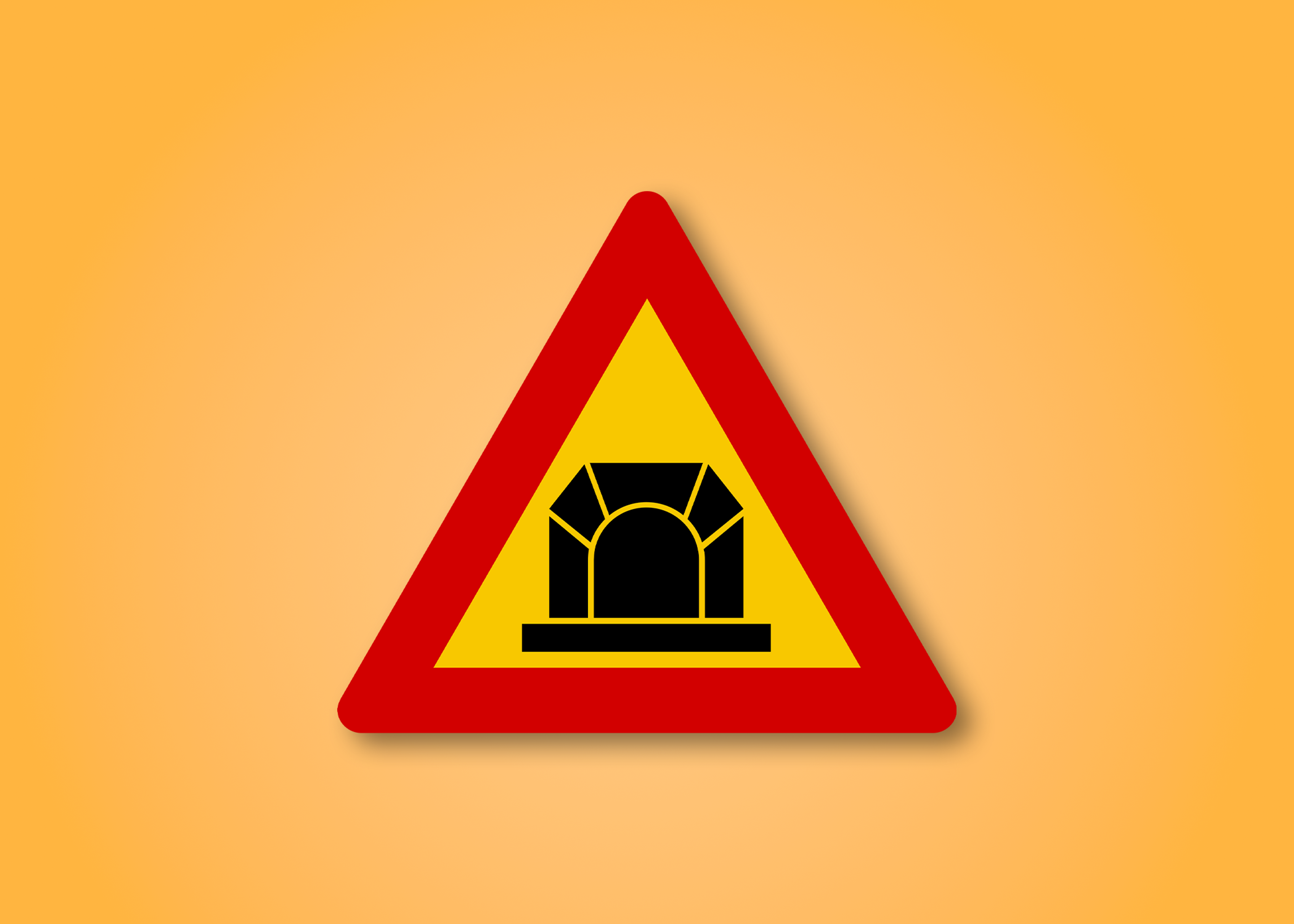 Red and yellow triangle road sign with a tunnel in the middle. This road sign means Tunnel Ahead