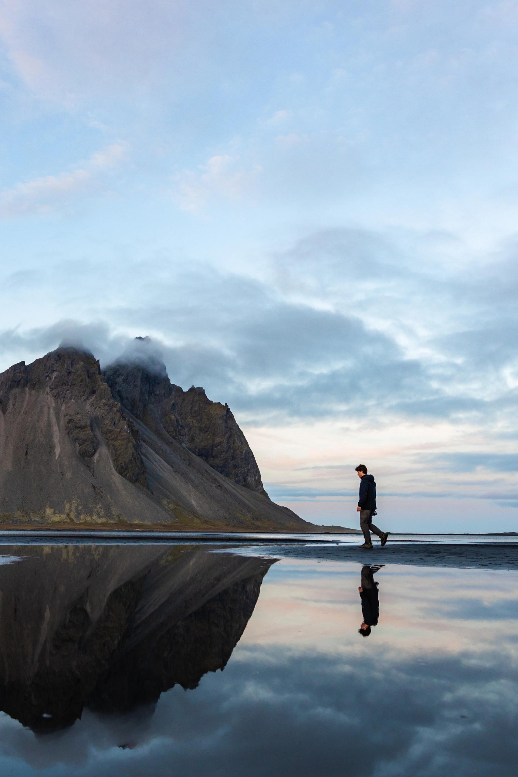 Lonely man discovering the landscapes of Iceland 