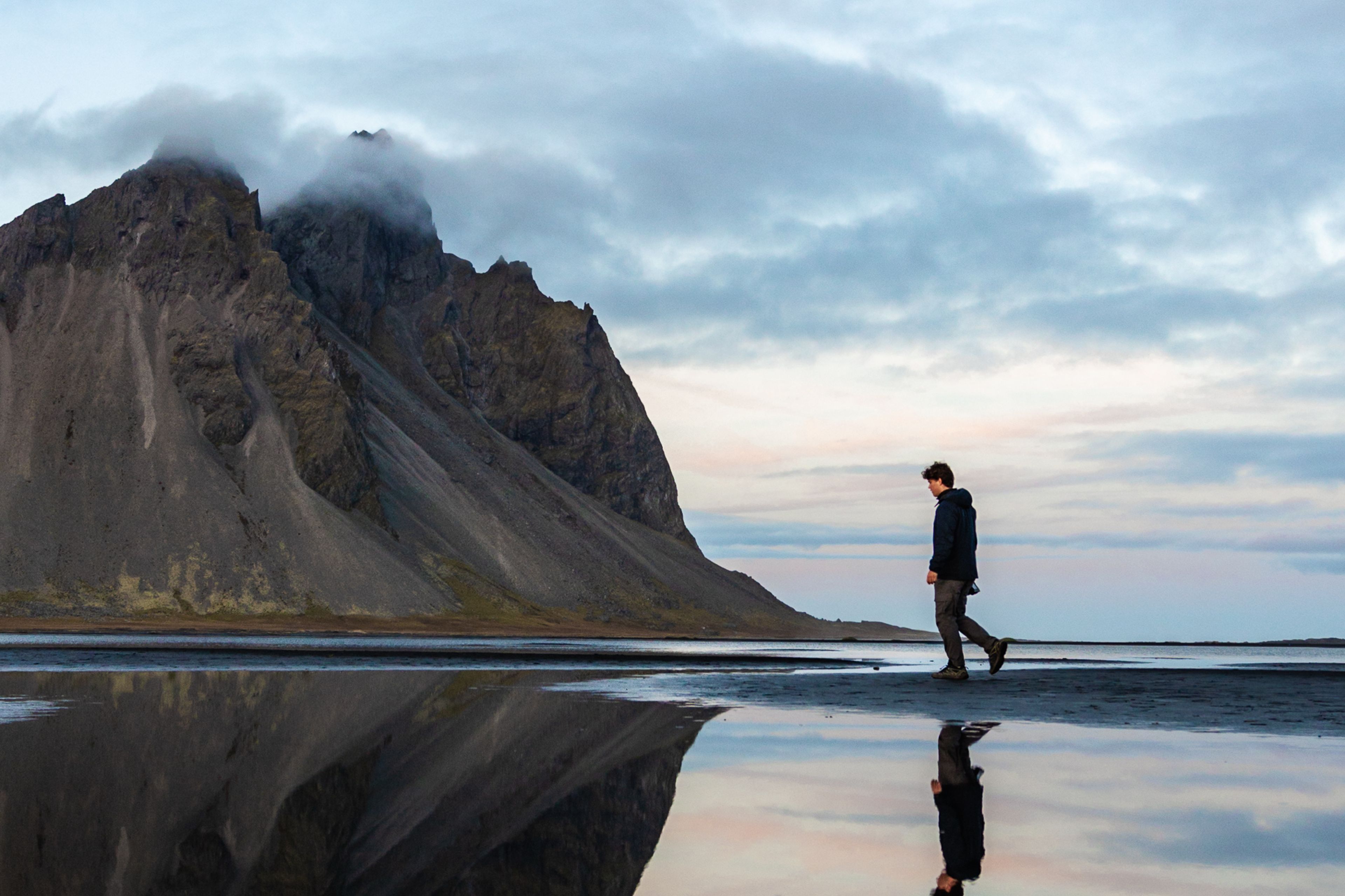 Lonely man discovering the landscapes of Iceland 