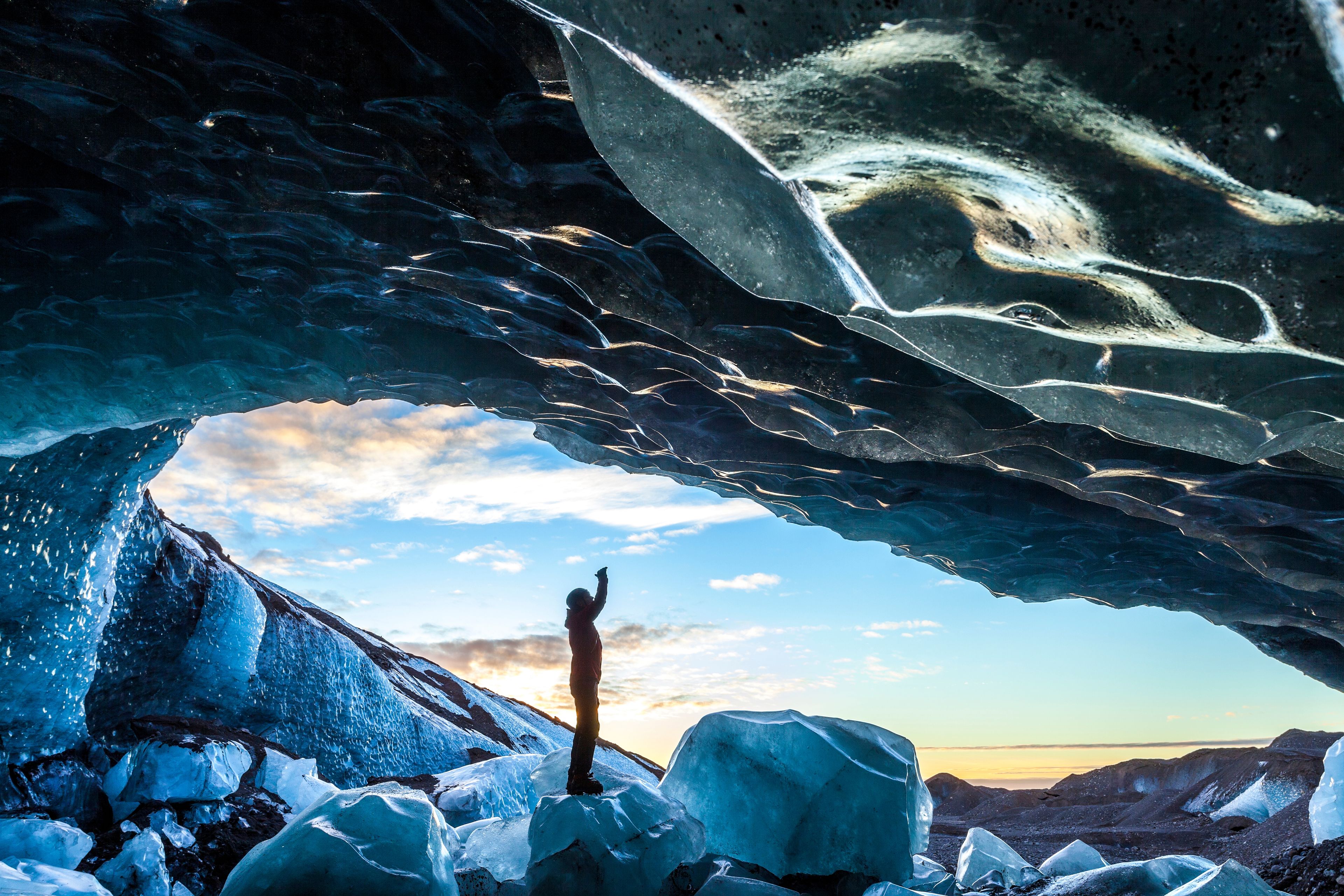 Person standing inside the Skaftafell Ice Cave