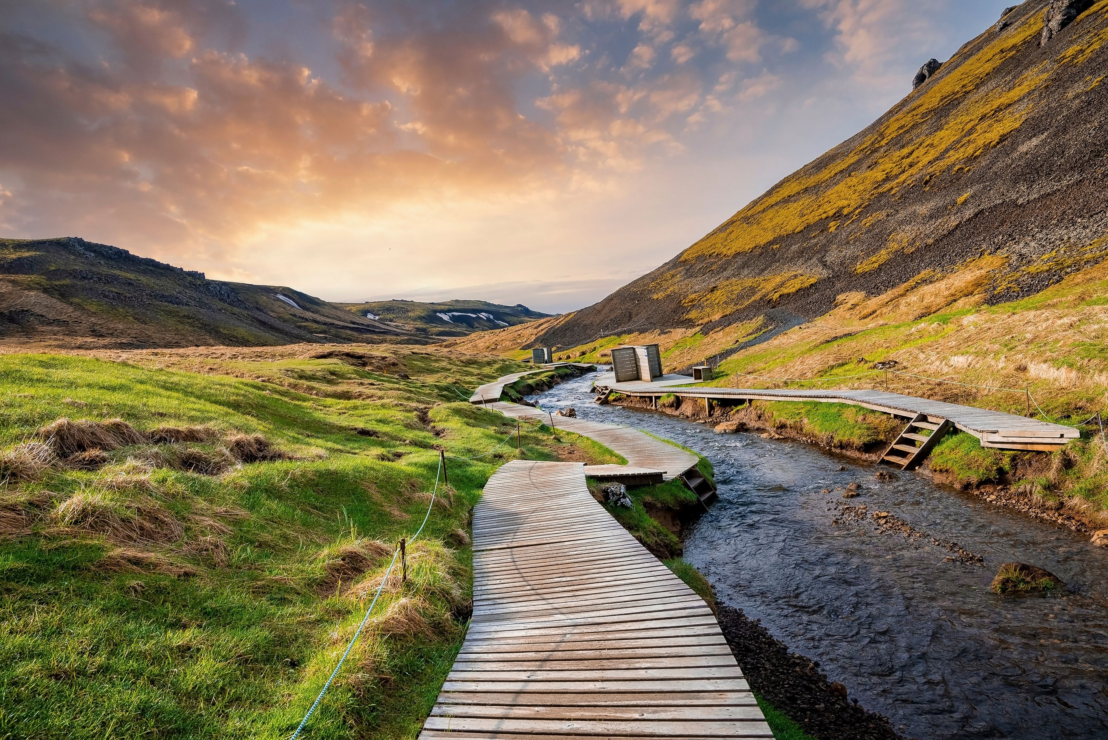 Reykjadalur Valley during sunset