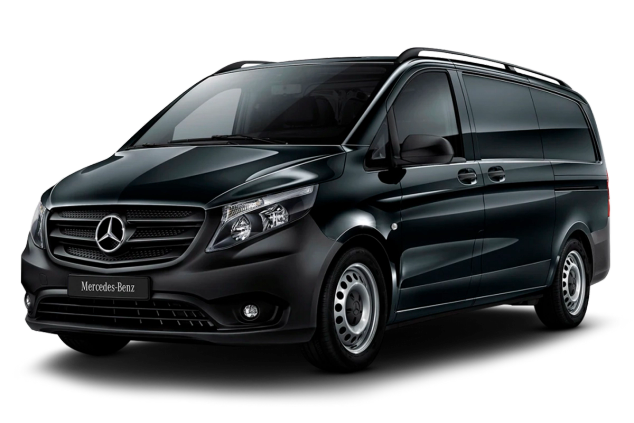 Black Mercedes Benz Vito 9-seater minivan available for rent from Go Car Rental Iceland, isolated on a transparent background.