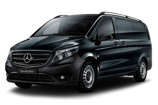 Black Mercedes Benz Vito 9-seater minivan available for rent from Go Car Rental Iceland, isolated on a transparent background.