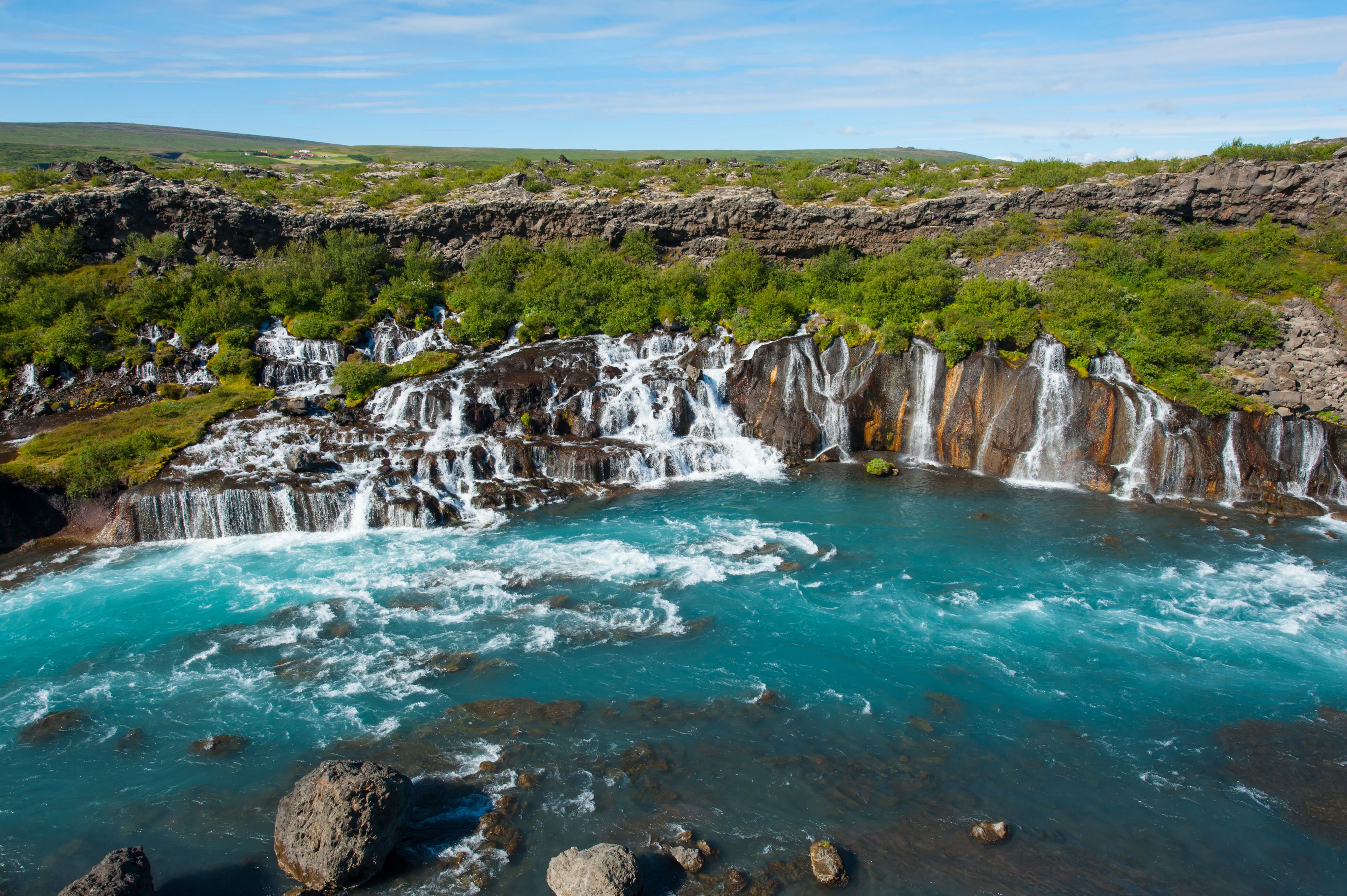 Aerial view of Hraunfossar Waterfall