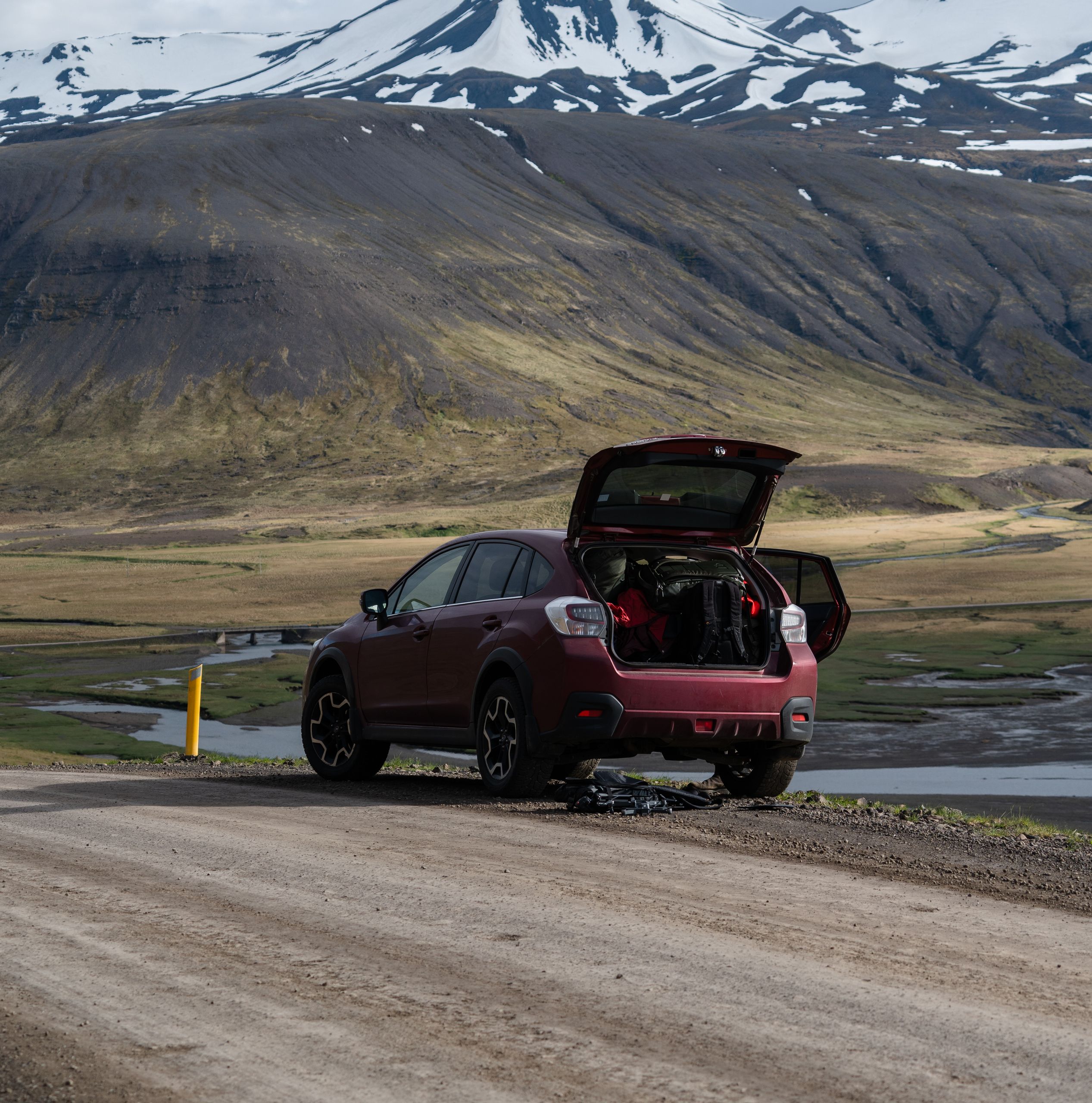 Subaru XV on an F-road in Iceland showing its back trunk space 