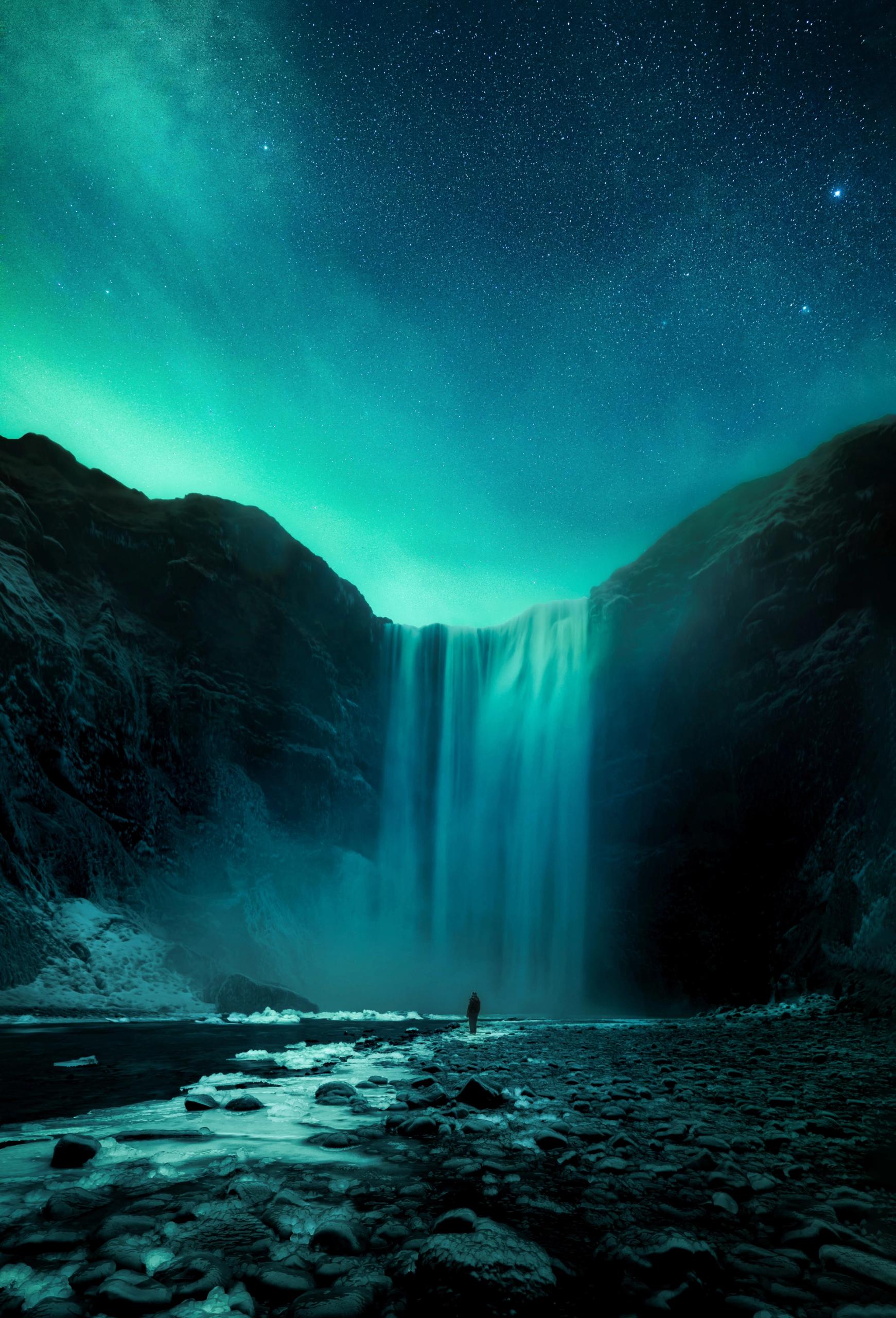 skogafoss and northern lights